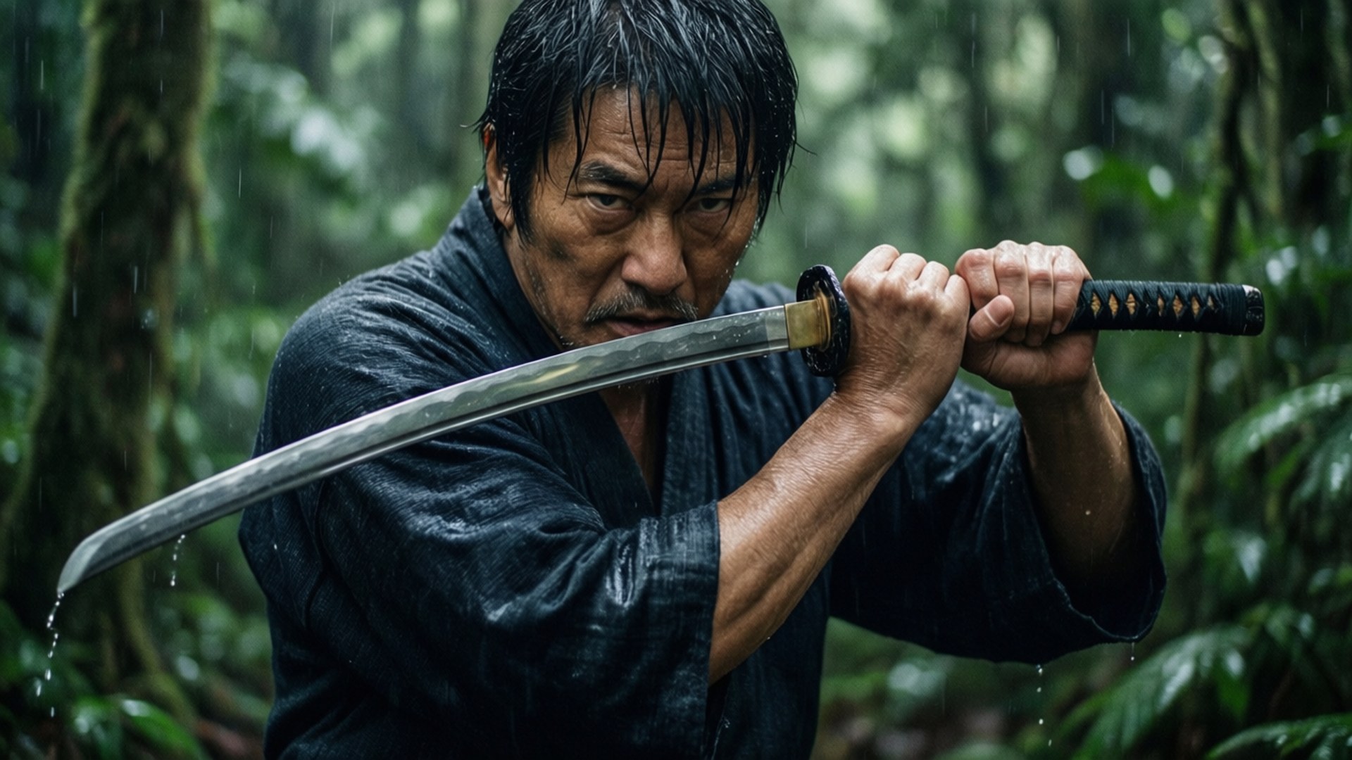 雨中潛行 壁紙 — 一位濕透的武士戰士在雨中的森林裡緊握著武士刀，專注力極強。