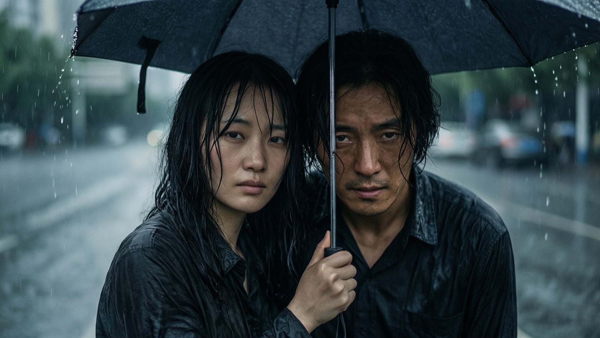 雨中的伞 壁紙 — 一個男人和一個女人在大雨中共享一把黑色雨傘，他們濕透的頭髮緊貼在臉上，水滴在他們周圍落下。