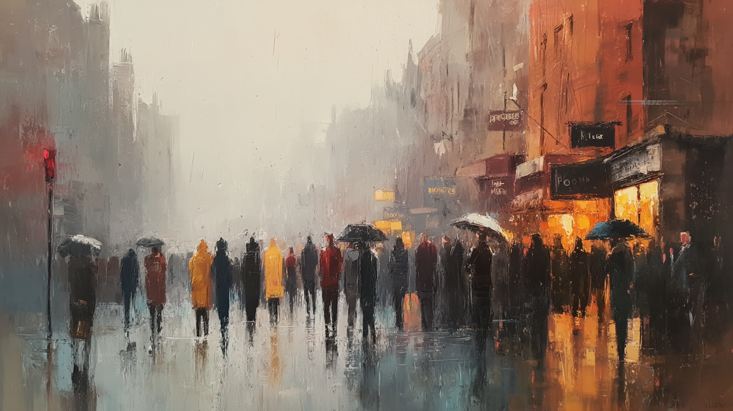 Paint Art 桌布 壁紙 — 雨中的城市街道場景，人們撐著傘走過溫暖照亮的商店櫥窗，天空灰濛濛。