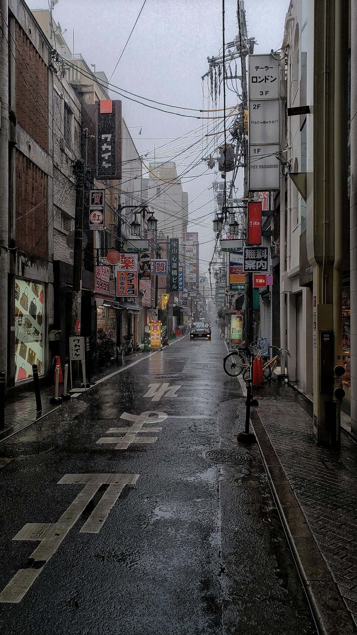 灰色美學動圖 桌布 壁紙 — 雨中的日本街道，濕漉漉的路面反射著霓虹燈招牌和高樓之間的架空電線。