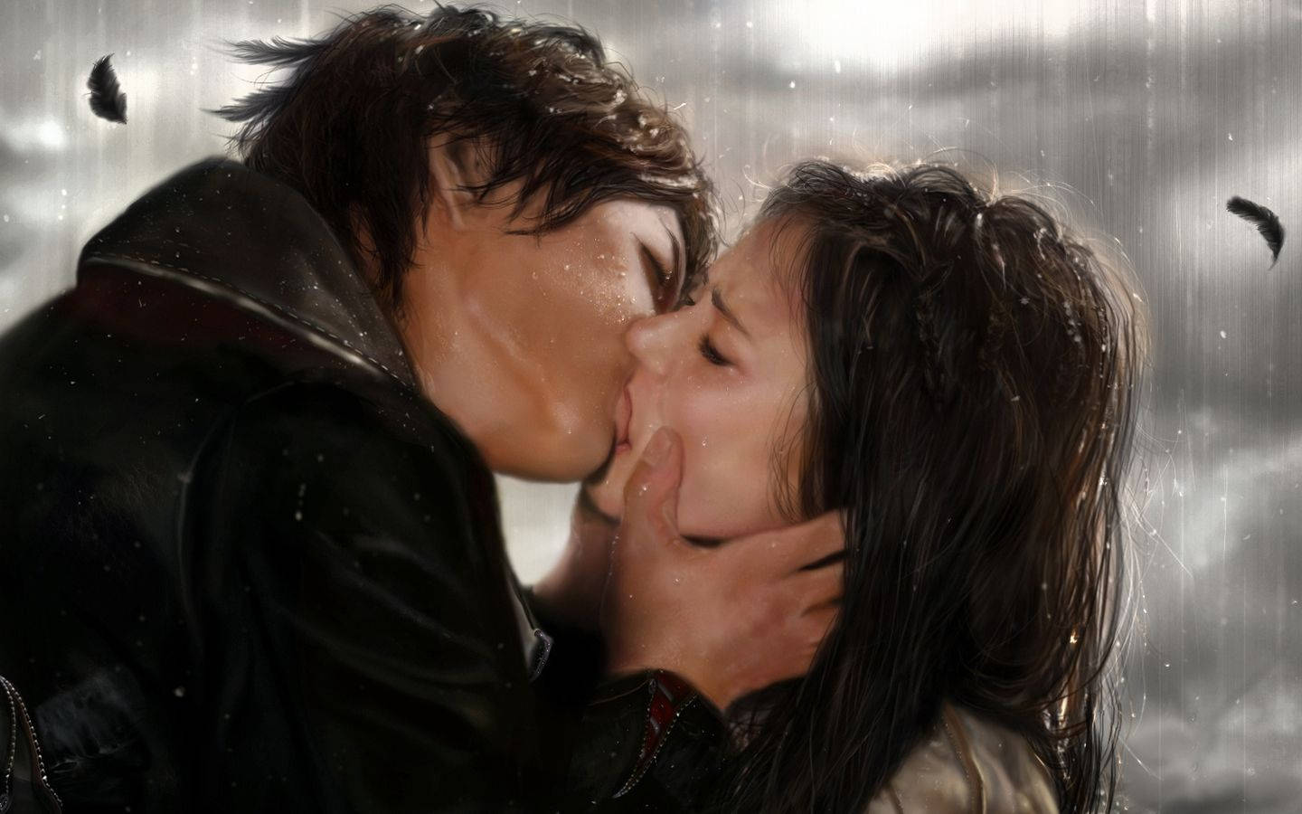 couples kissing 桌布 壁紙 — 雨中的男女深情一吻，羽毛飄落，陰沉的灰色天空。