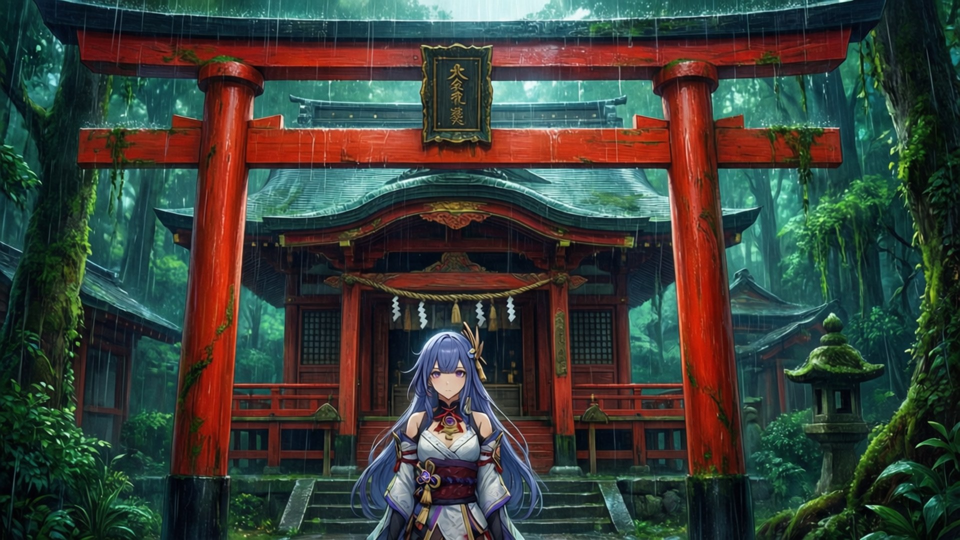 雨中的神社 壁紙