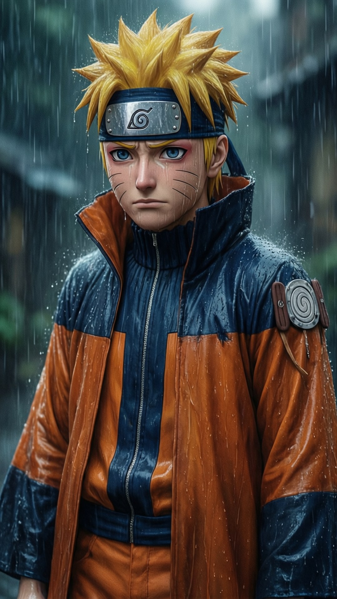 鳴人站在雨中，神情平靜。