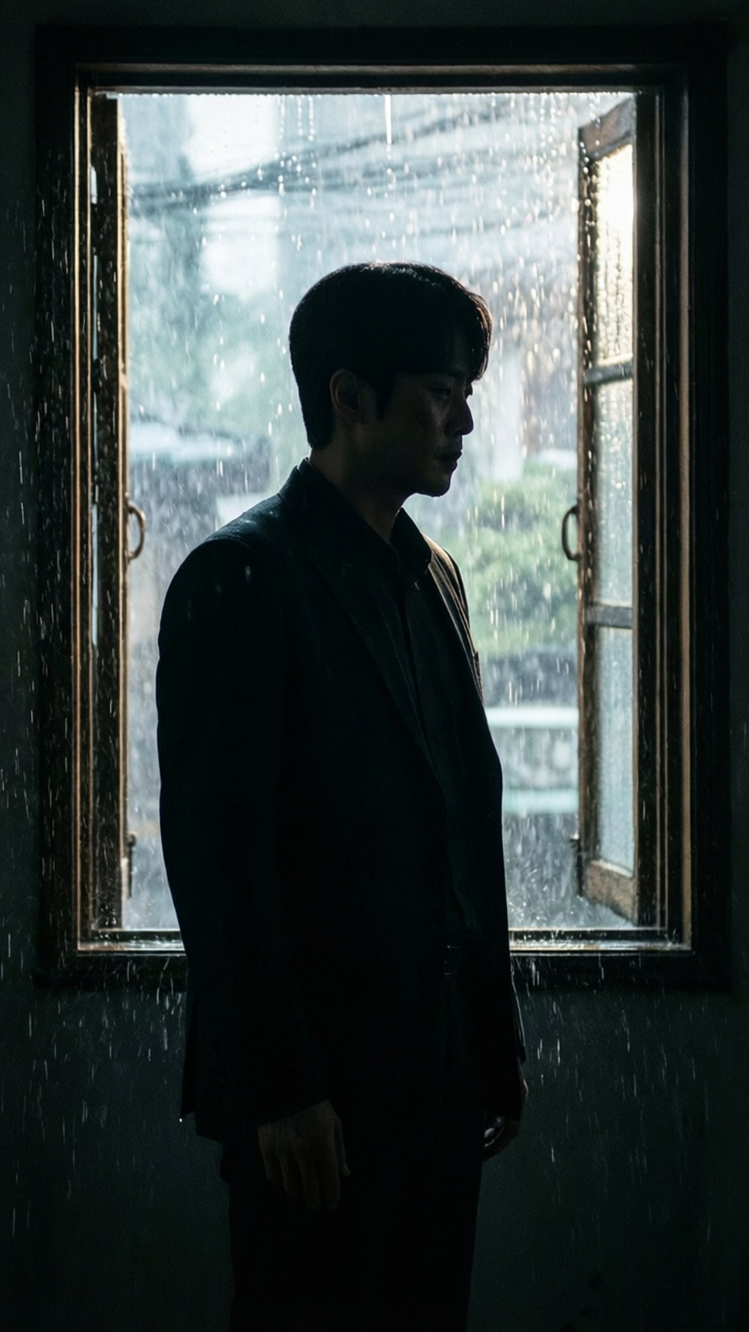 雨中窗邊的離別剪影 壁紙