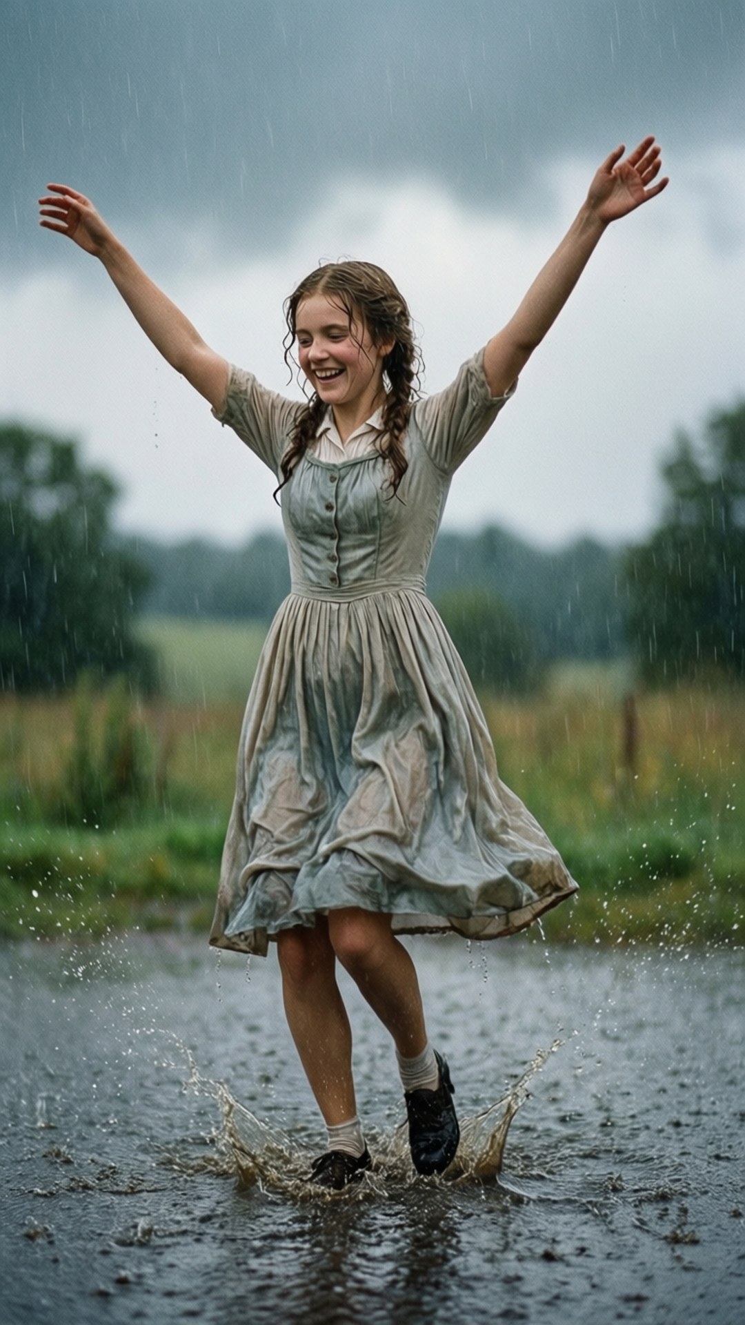 雨中舞動 壁紙 — 一個快樂的女孩在灰色天空下張開雙臂跳過雨水，在泥濘的田野中濺起水花。