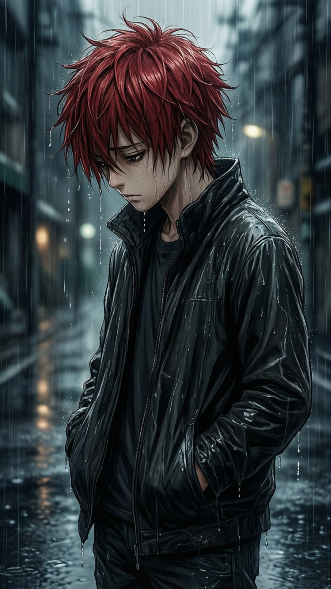 一位紅髮的悲傷動漫男孩低著頭，站在黑暗街道的雨中。