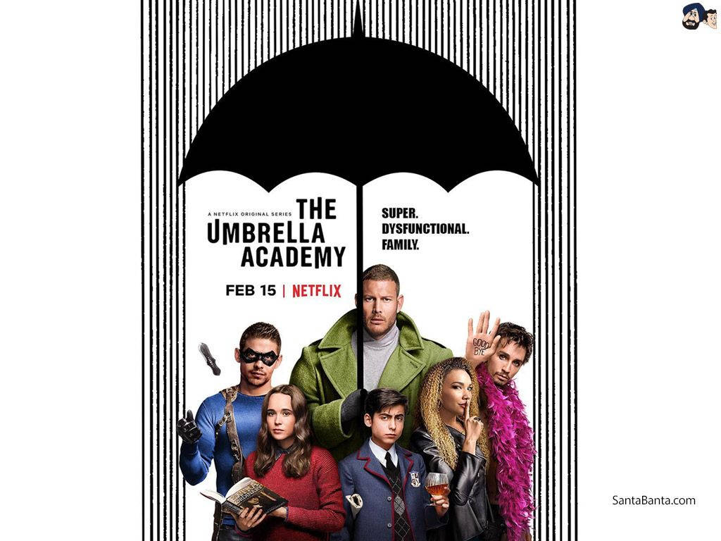 Academy 桌布 壁紙 — 《雨傘學院》的風格化海報，七個角色站在巨型黑色雨傘下，背景為條紋圖案。