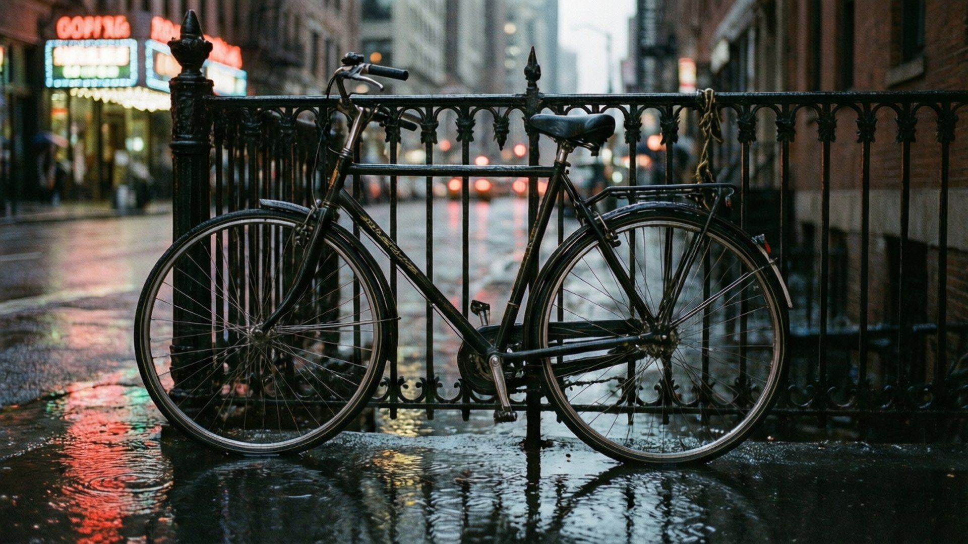 雨城鎖鏈 壁紙 — 一輛復古腳踏車靠在濕透的鐵欄杆上，在一條反射霓虹招牌的雨中城市街道。