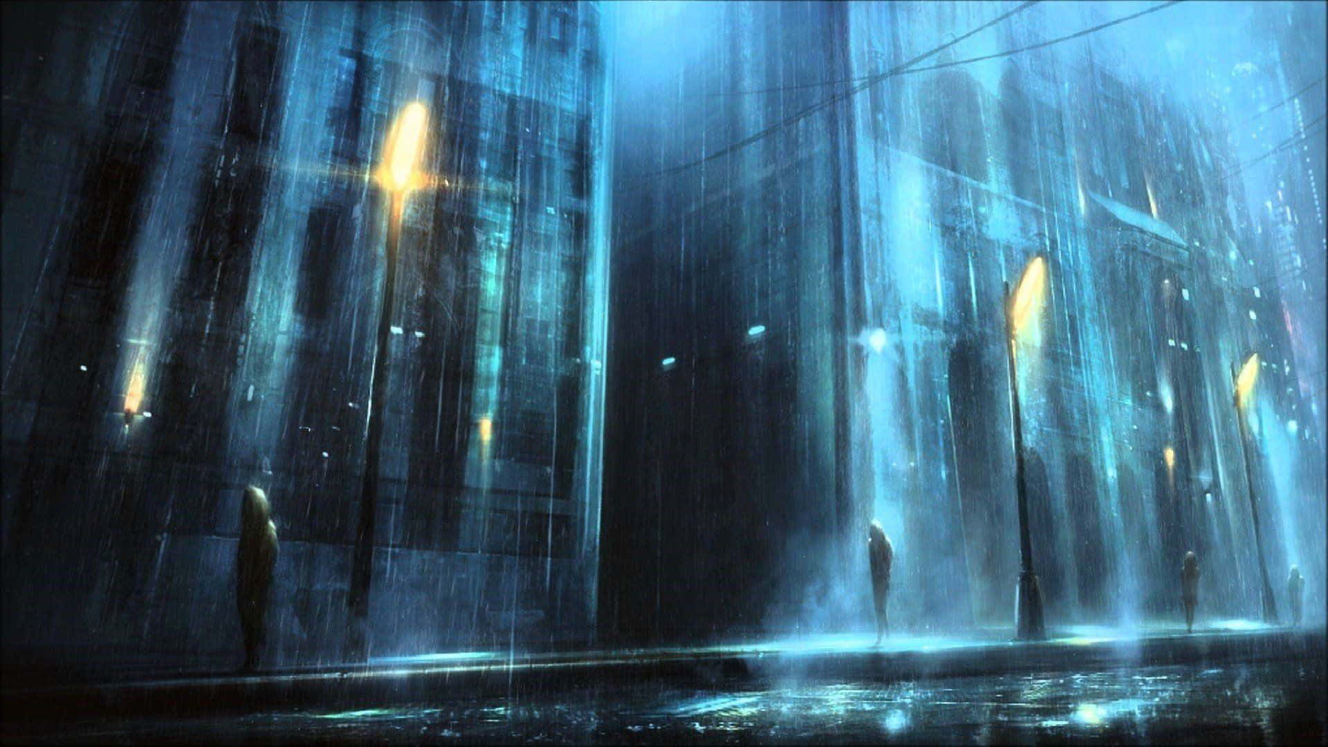 Alone 桌布 壁紙 — 雨夜，霓虹燈照亮城市街道，孤獨的身影在閃爍的路燈下行走。