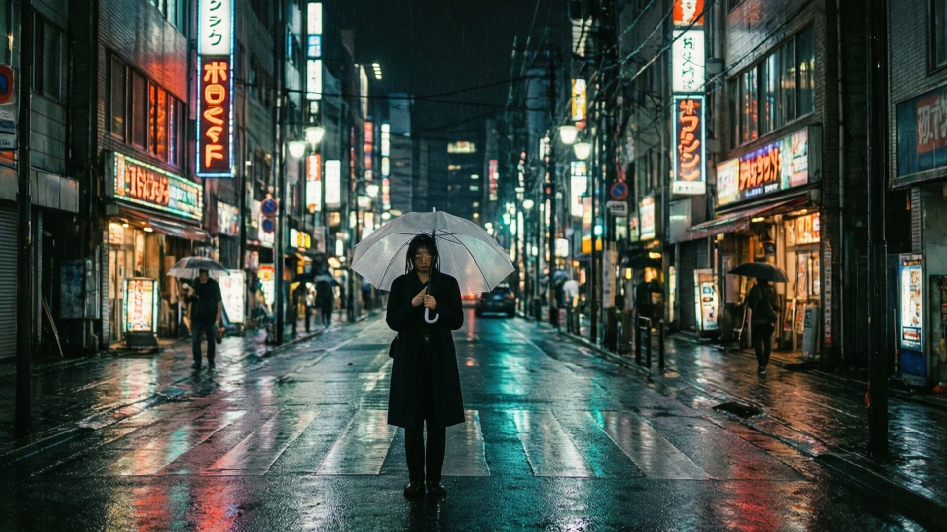 雨夜东京霓虹街 壁紙 — 一個孤獨的身影撐著雨傘，在夜晚走過霓虹燈照亮、雨水浸濕的東京街道，反射出鮮豔的光芒。
