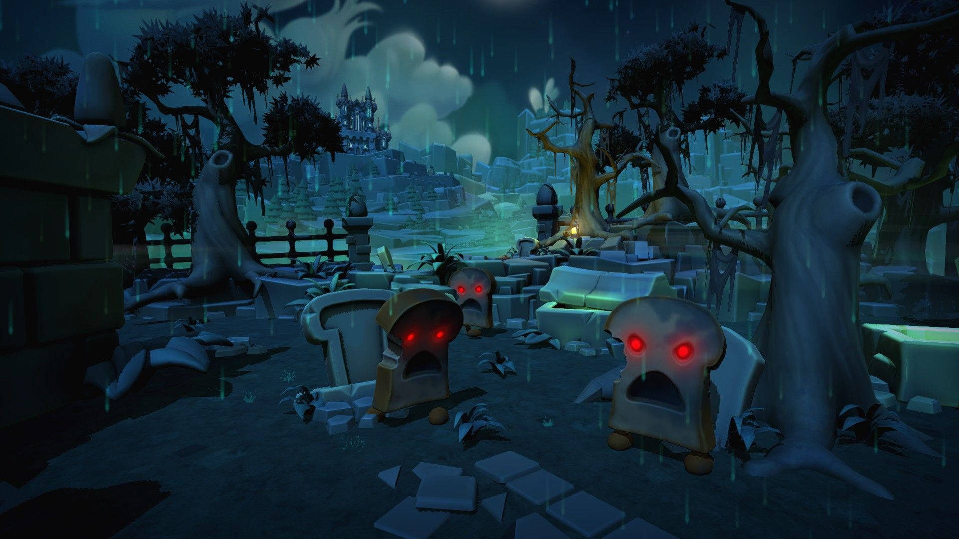 Overcooked 桌布 壁紙 — 雨夜中，陰森的墓地裡，破碎的墓碑和扭曲的樹木間，有發著紅光的鬼魂麵包人形。