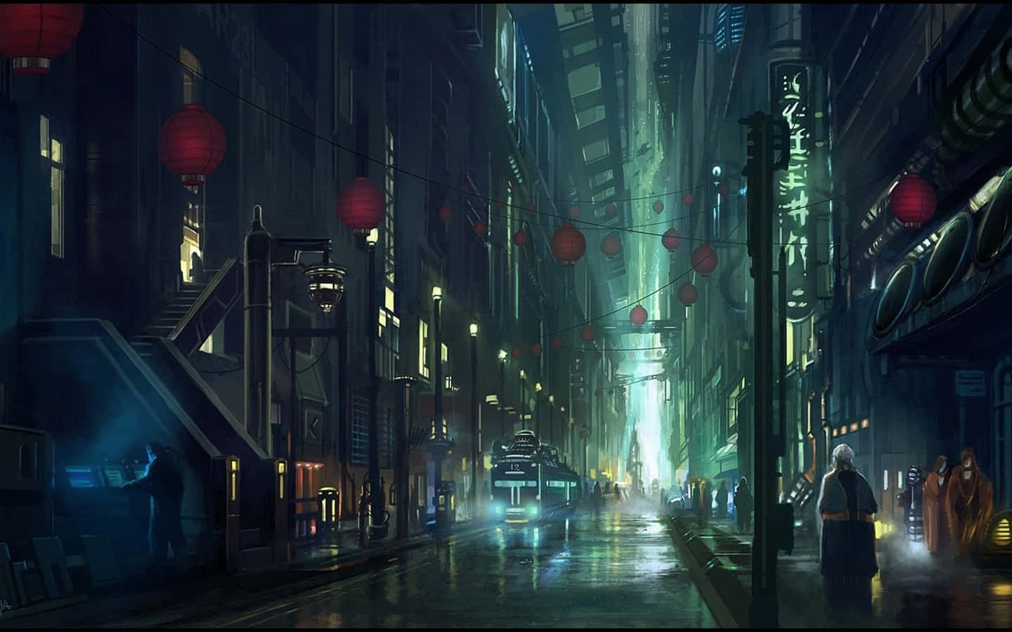 科幻 桌布 壁紙 — 雨夜中一條霓虹燈照亮的小巷，紅色燈籠閃爍，一個孤獨的身影在霧氣瀰漫的路燈下行走。