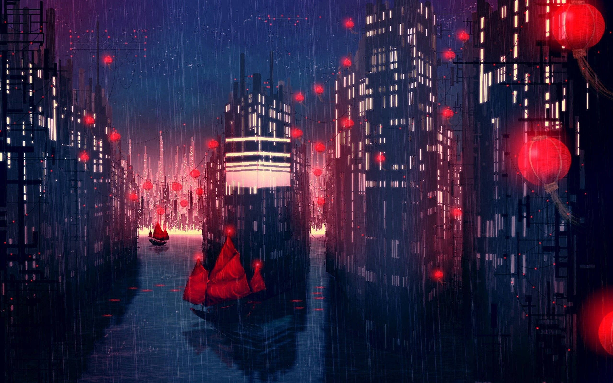 城市 桌布 壁紙 — 雨夜中的未來城市景觀，發光的紅色燈籠懸掛在運河上方，紅色帆船在霓虹燈閃爍的摩天大樓之間漂流。