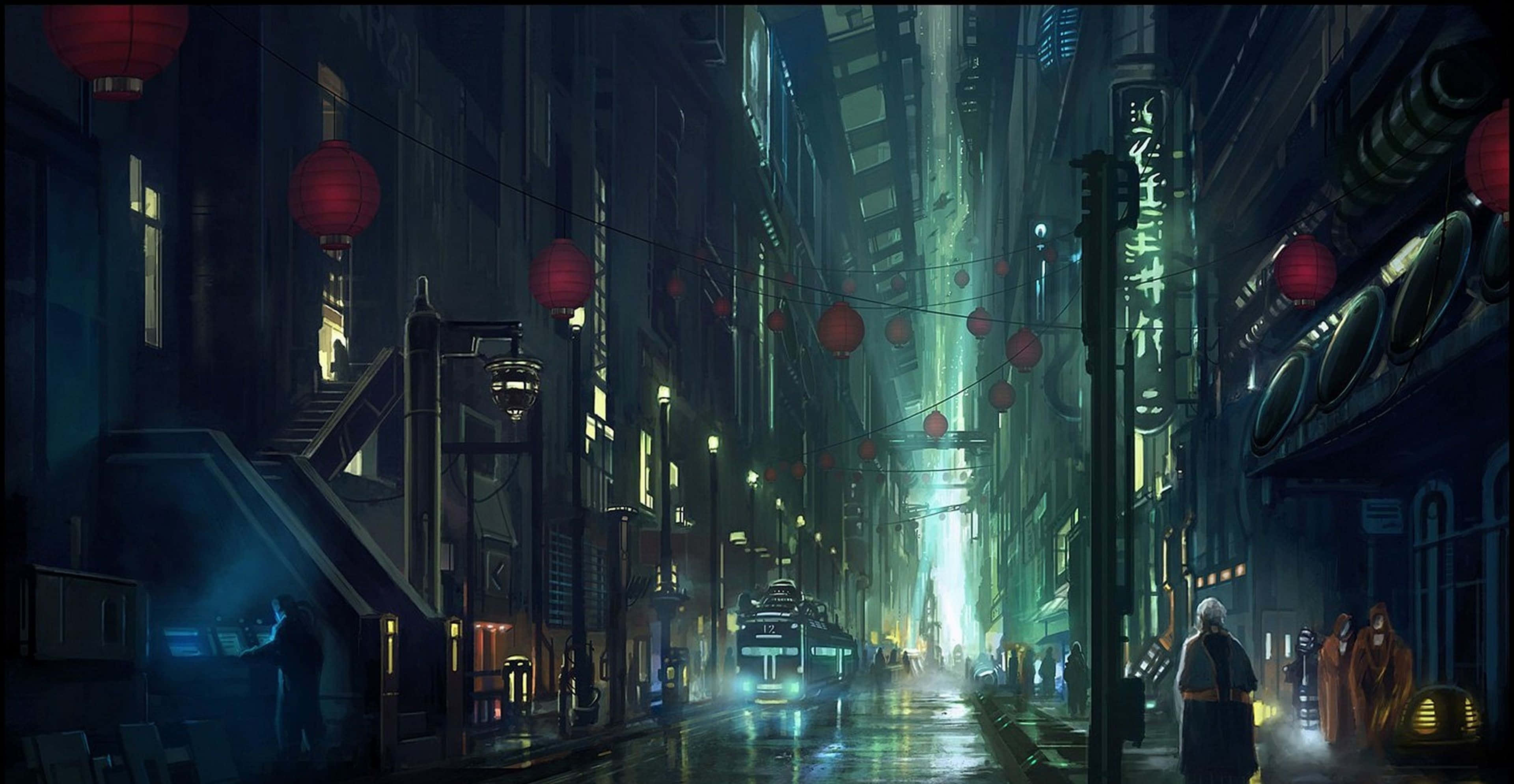 Cartoon Sci-fi 桌布 壁紙 — 雨夜中霓虹燈照亮的 cyberpunk 小巷，有發光的紅色燈籠和未來感建築。