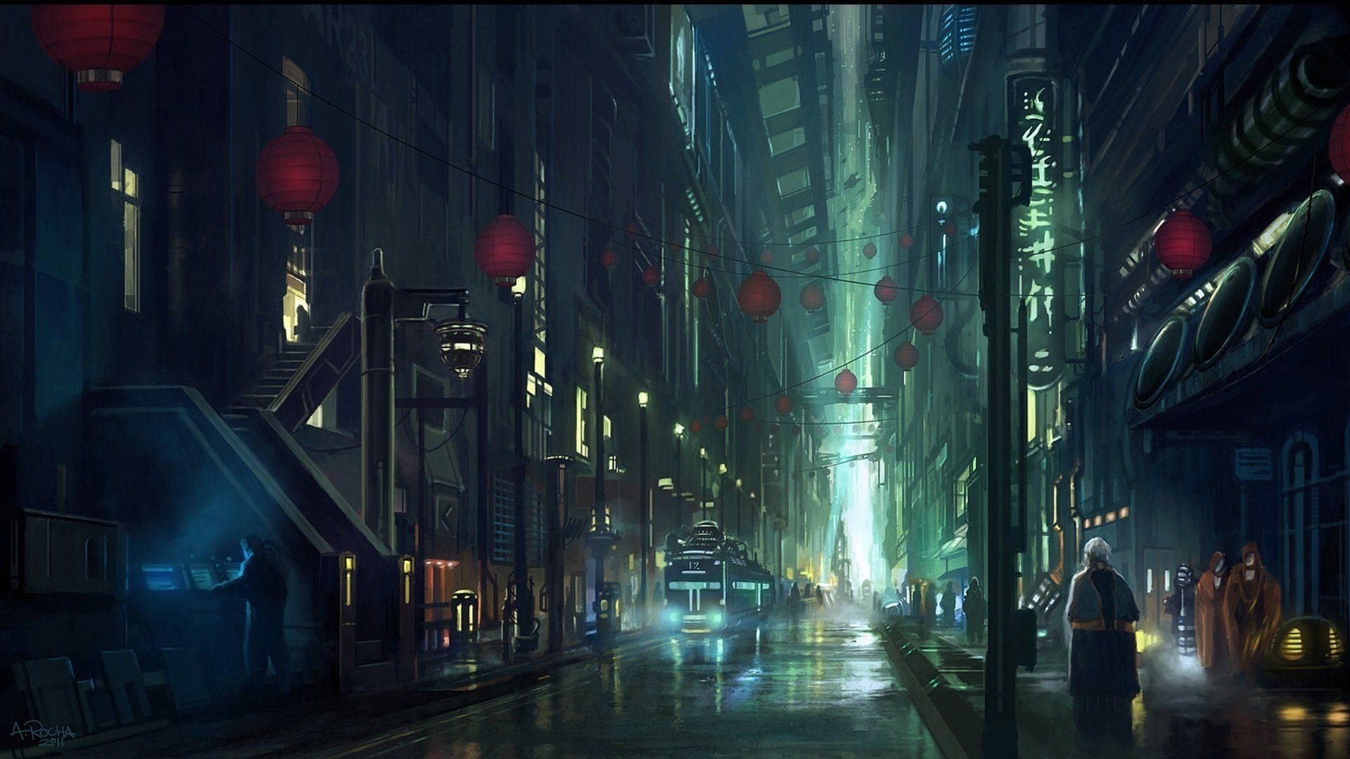 blade 桌布 壁紙 — 雨夜中霓虹燈照亮的小巷，紅色燈籠閃爍，一個孤獨的身影走向盡頭的明亮光芒。