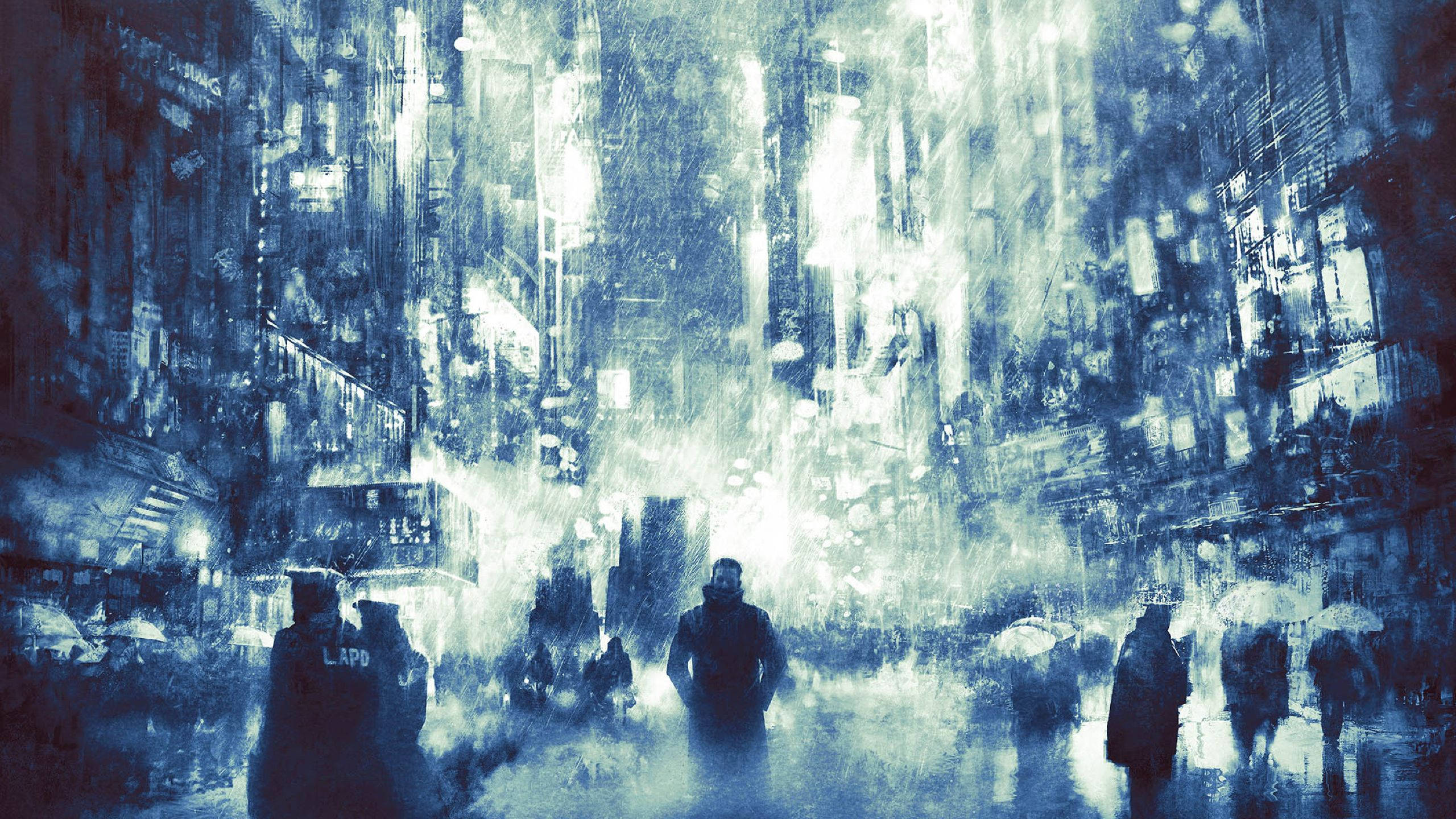 blade 桌布 壁紙 — 雨夜中霓虹燈閃爍的街道，模糊的行人與發光的招牌，籠罩在藍色單色霧氣中。