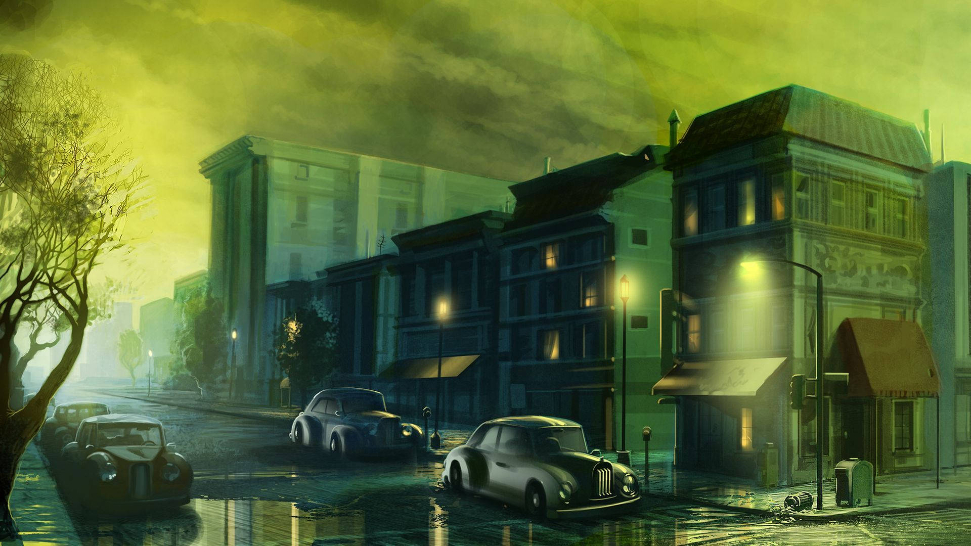 classic 桌布 壁紙 — 雨夜中霓虹燈閃爍的都市街道，復古汽車在潮濕的路面上反射著街燈的光芒。
