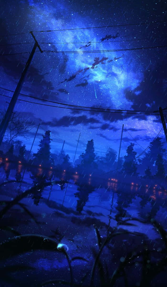 Anime Aesthetic iPhone 桌布 壁紙 — 雨夜場景，電線在充滿活力的藍色星空映襯下形成剪影，倒映在水坑中。