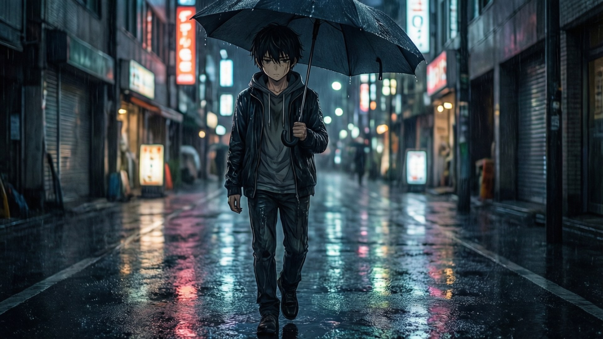 雨夜獨行 壁紙 — 一個孤獨的動漫男孩夜晚在黑色雨傘下走過霓虹燈照亮的雨夜城市小巷。