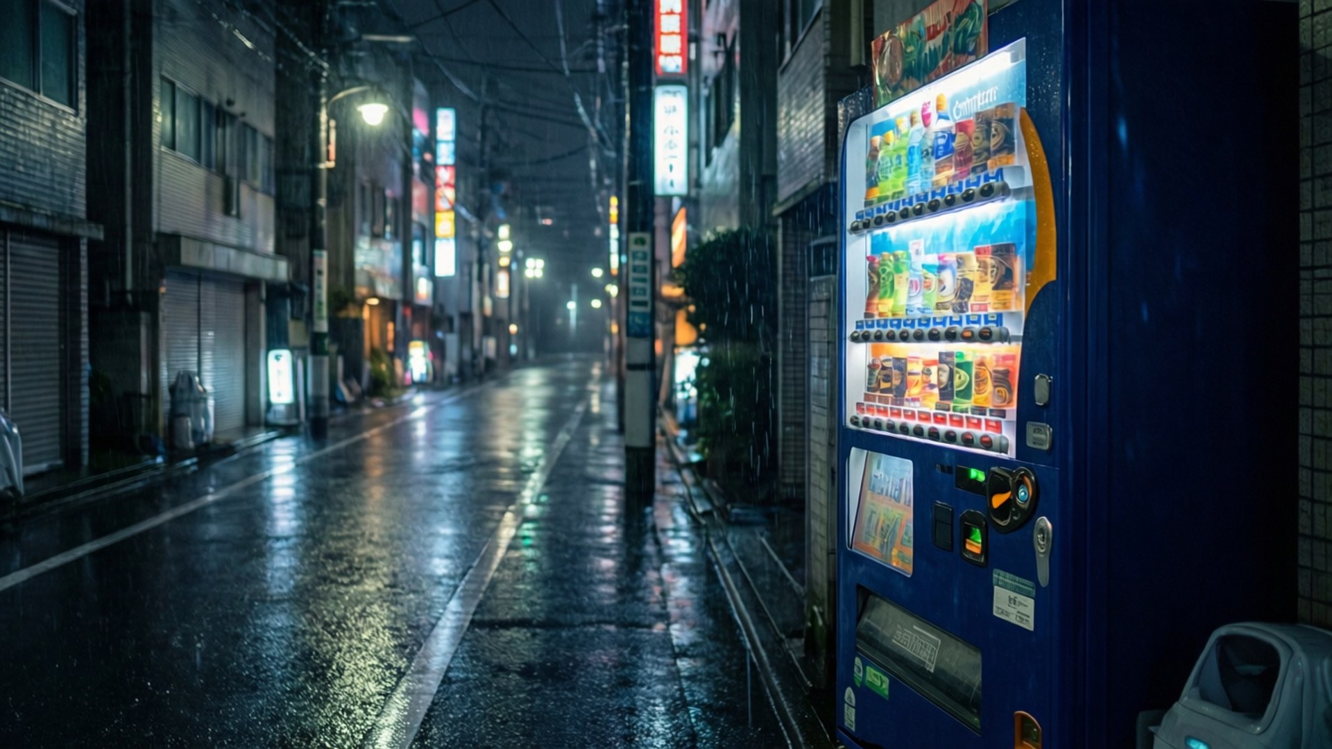 雨夜自動販賣機 壁紙 — 一部發光的藍色自動販賣機矗立在雨濕的東京夜街上，霓虹招牌在濕漉漉的人行道上反射。