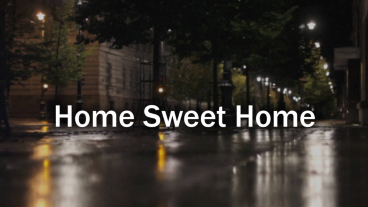 甜蜜的家 桌布 壁紙 — 雨夜街景，發光的街燈映照在濕漉漉的路面上，樹木排列在人行道旁。