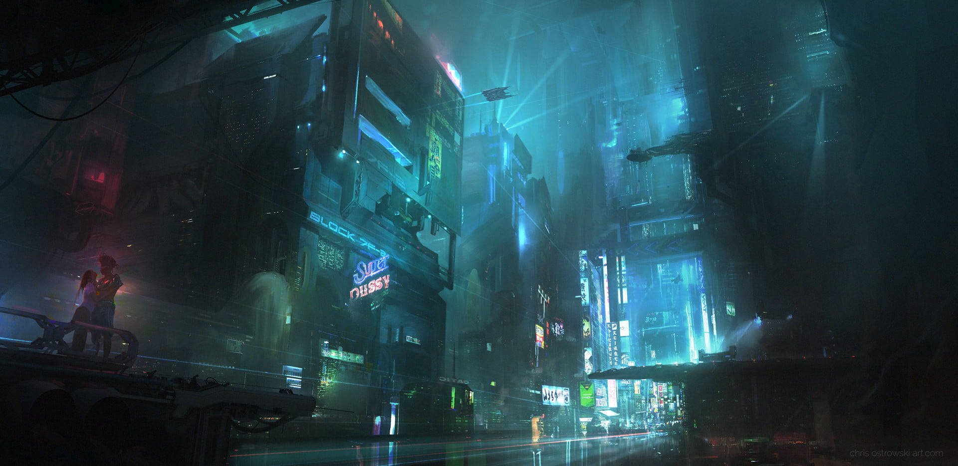 techno 桌布 壁紙 — 雨夜霓虹浸染的賽博龐克城市景觀，高聳建築與發光招牌倒映在濕漉漉的街道上。
