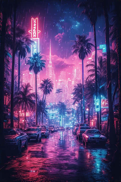 Cityscape Wallpaper Neon Lights, Palm Trees & 80s Vibe 壁紙 — 雨夜霓虹燈下的街道，棕櫚樹將粉紅和藍色燈光反射在濕漉漉的路面上。