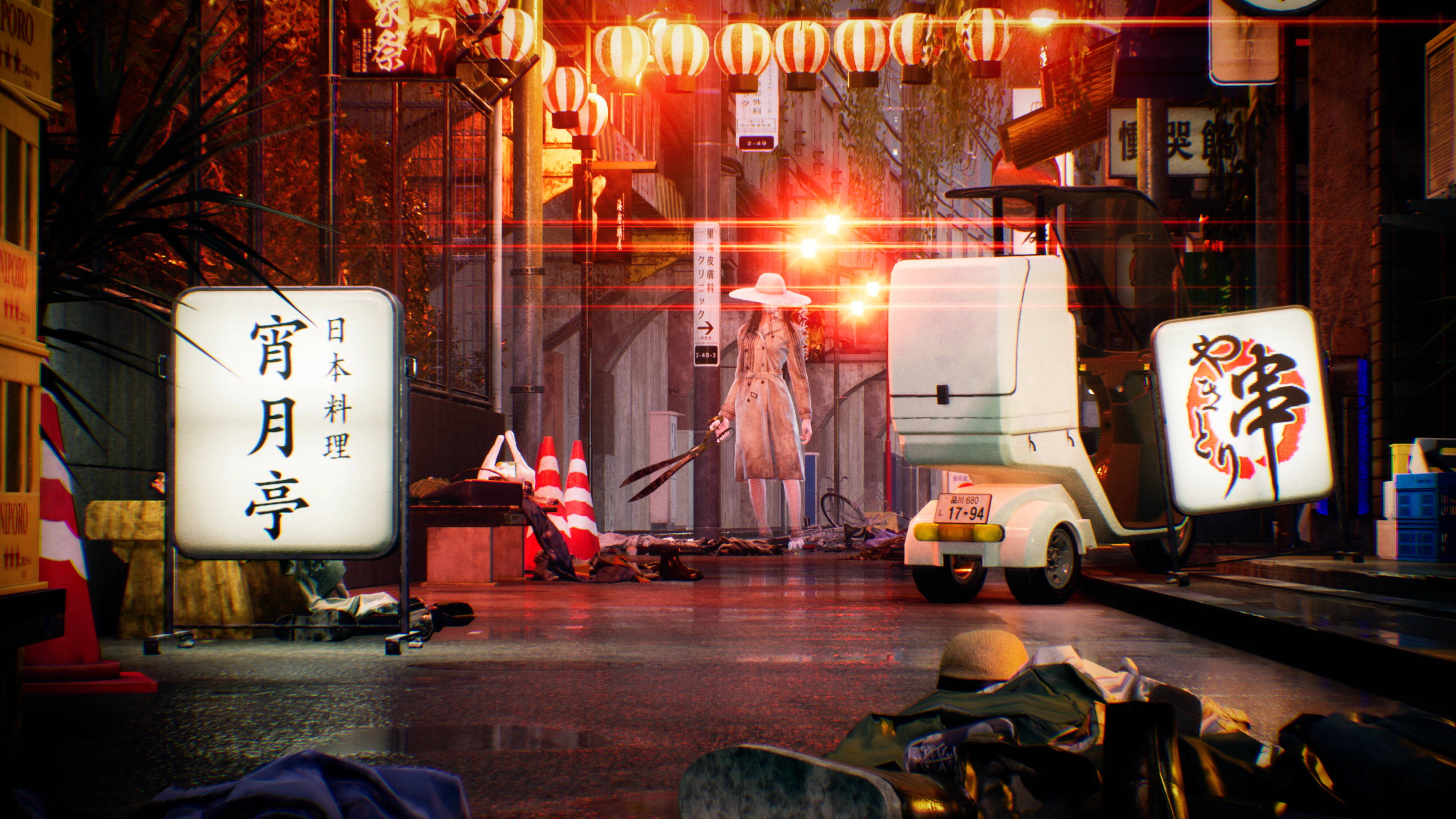 Ghostwire Tokyo 桌布 壁紙 — 雨夜霓虹燈照亮的日本小巷，發光的招牌和一個穿著風衣、手持武器的孤獨身影。