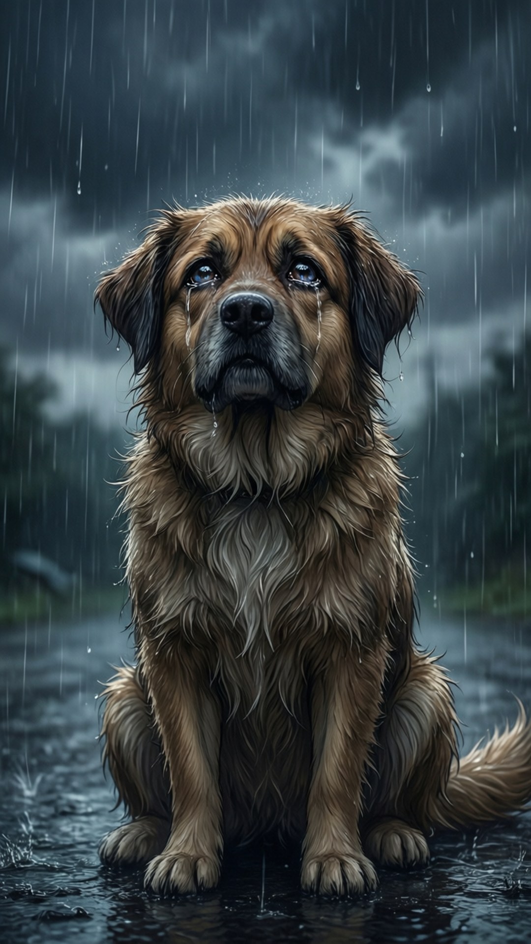 雨天憂鬱 壁紙 — 一隻濕漉漉的棕色狗在黑暗暴風雨的天空下悲傷地坐在雨中，淚水順著臉頰流下。