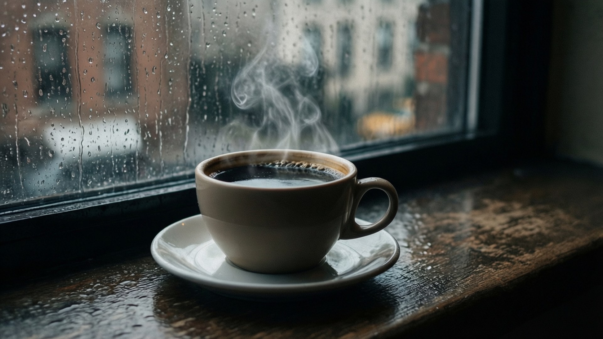 雨天早晨的咖啡 壁紙 — 一杯冒著蒸氣的黑咖啡放在濕漉漉的窗台上，雨滴在身後的玻璃上劃出條條痕跡。