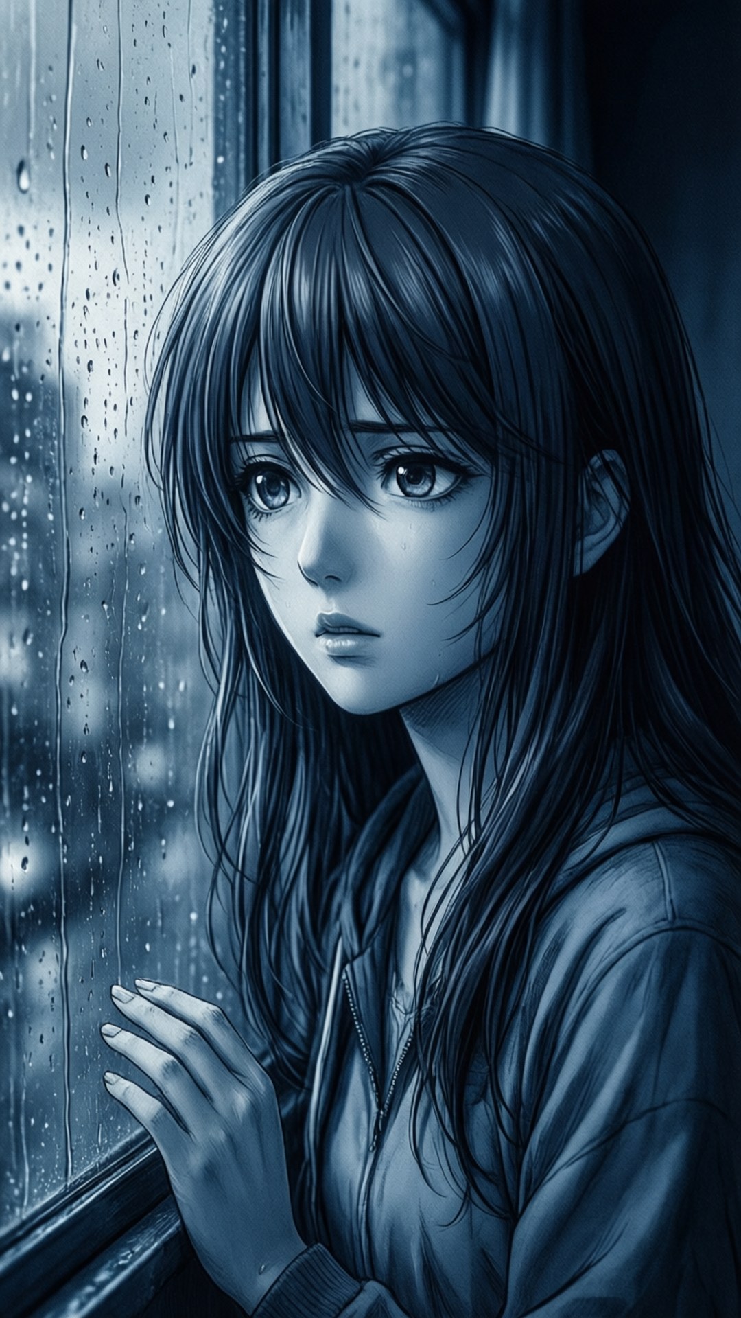 雨天沉思 壁紙 — 一個長著深色長髮的憂鬱動漫女孩，在冷藍色調中凝視著佈滿雨痕的窗外。