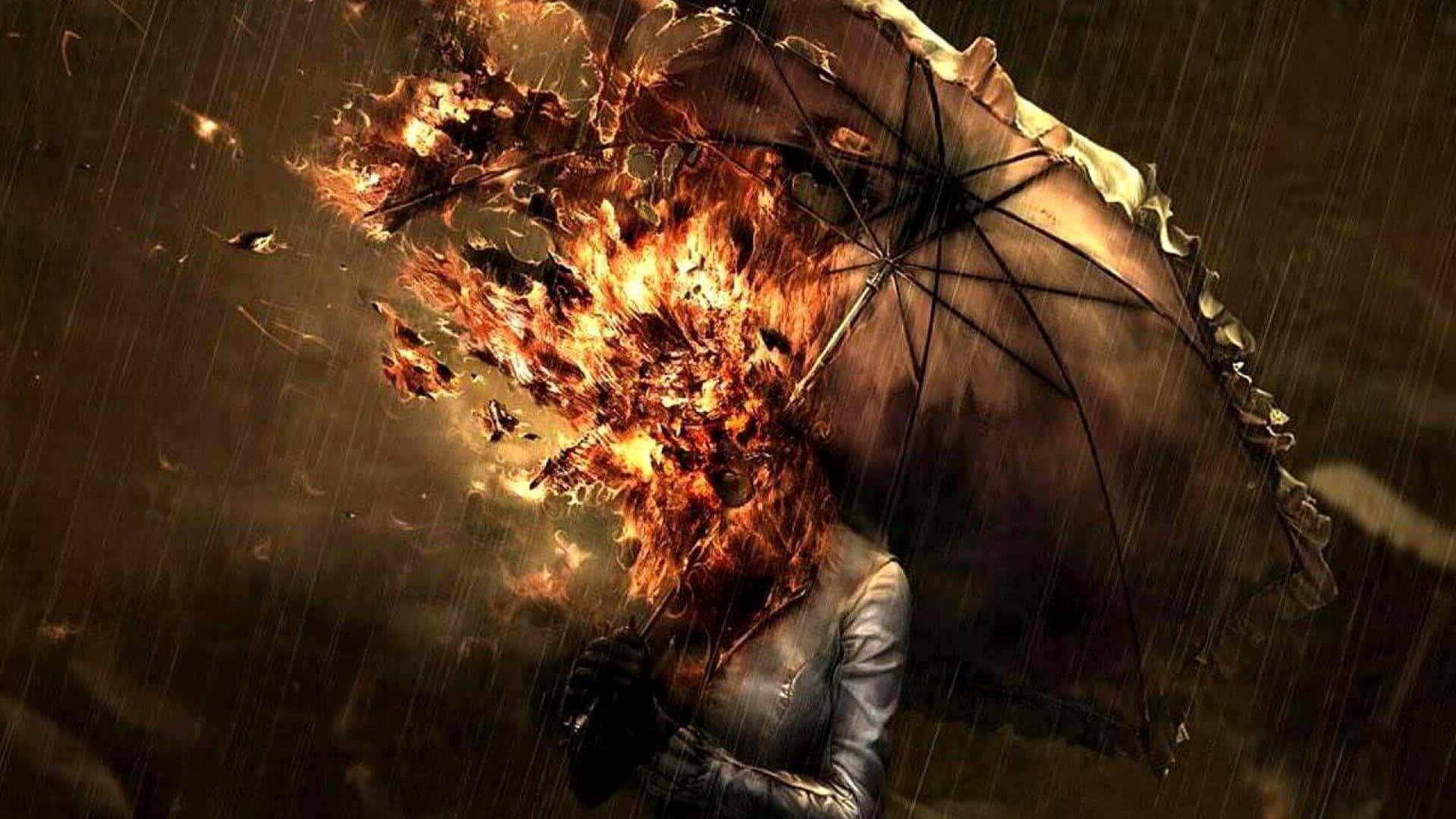 電玩遊戲 桌布 壁紙 — 雨暴中的一個人手持一把傘，傘頭被火焰吞噬，雨水如絲般落下。