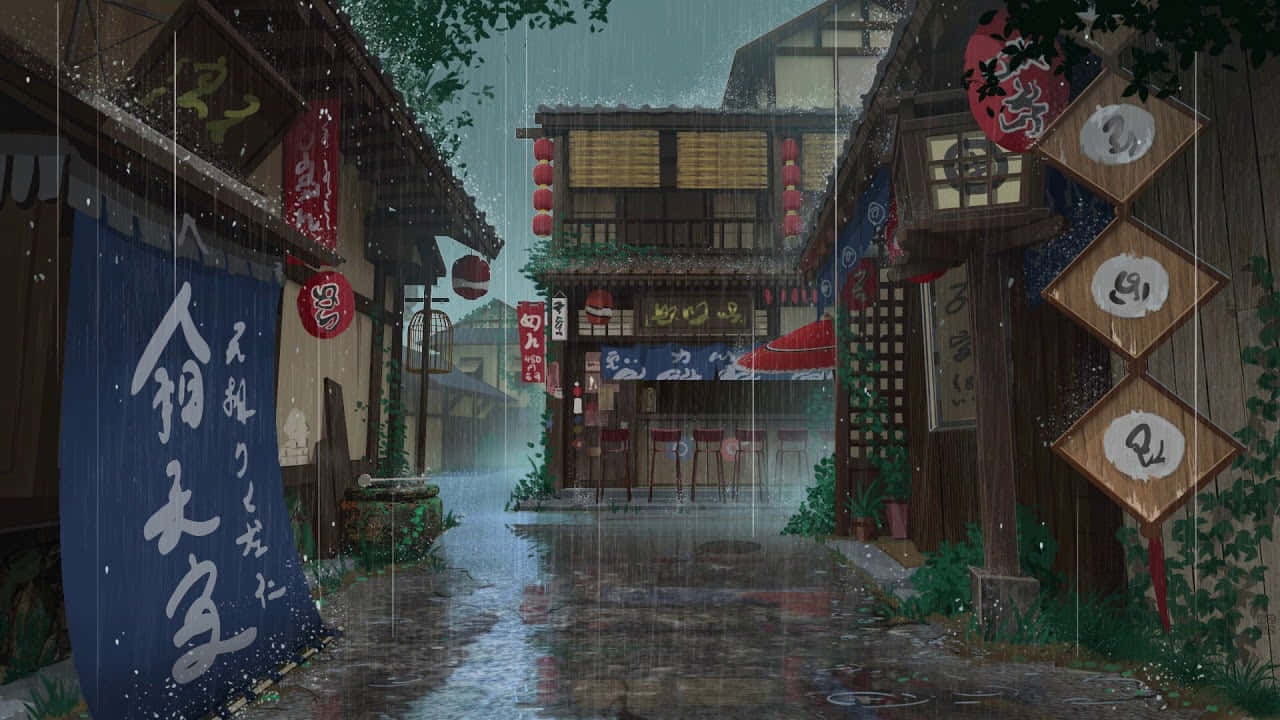Rain Anime 桌布 壁紙 — 雨水傾瀉在一條狹窄的傳統日本街道上，兩旁是木造建築和發光的燈籠。