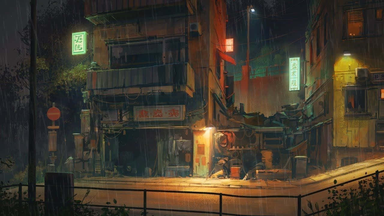 背景 桌布 壁紙 — 雨水傾瀉在夜晚霓虹燈照亮的城市小巷，發光的招牌和潮濕的路面反射著溫暖的光線。