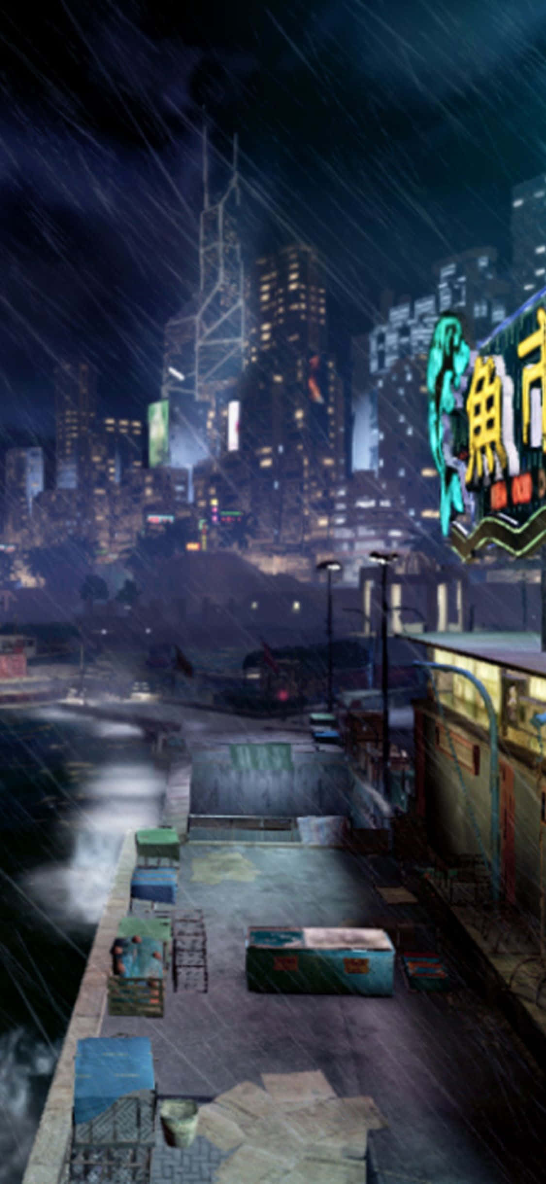 Dock 桌布 壁紙 — 雨水傾瀉在夜晚霓虹燈照亮的城市海濱，閃爍的招牌和濕漉漉的路面反射著城市的燈光。