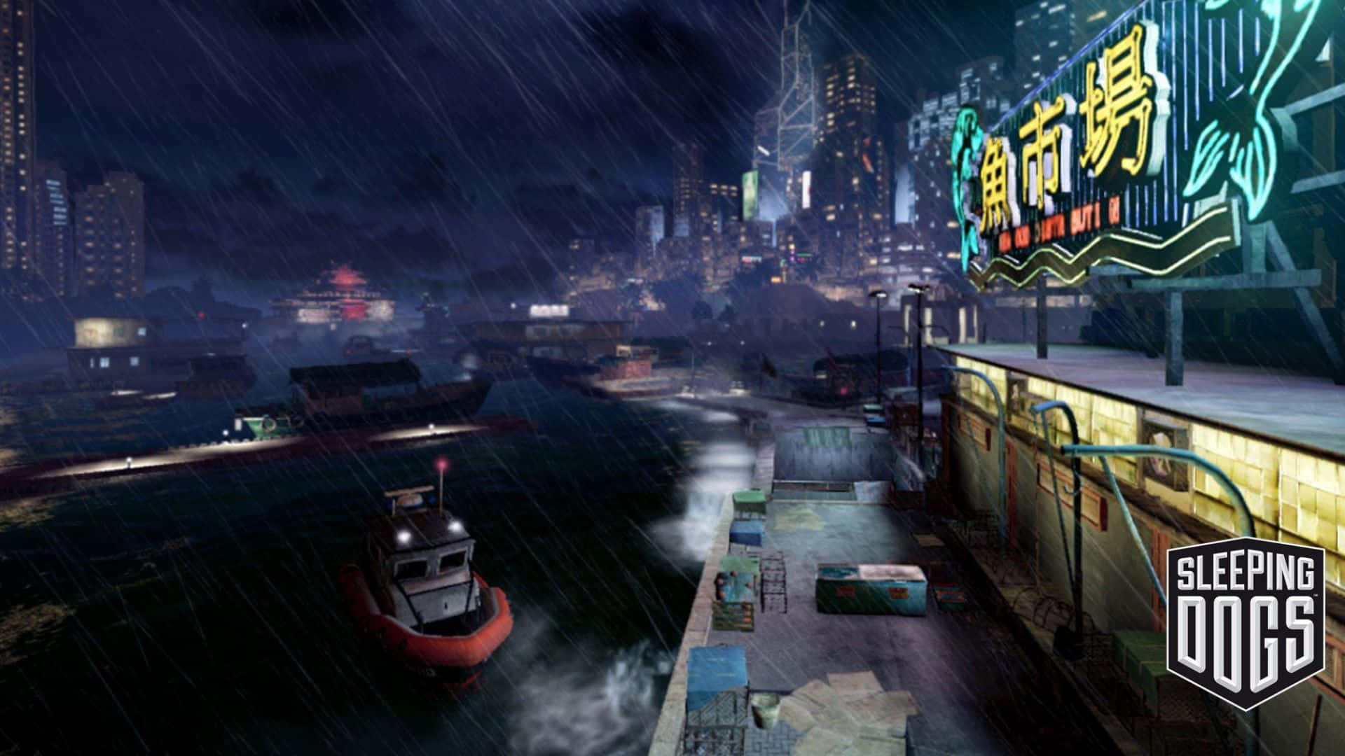 Cool Gaming 桌布 壁紙 — 雨水傾瀉在夜晚霓虹燈照亮的海濱碼頭，一艘小船漂浮在港口，遠處高聳的城市建築閃爍著光芒。