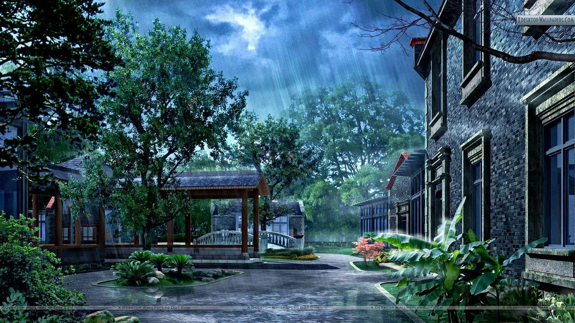 房屋 桌布 壁紙 — 雨水傾瀉在月光照耀的庭院中，石造建築、茂密綠植和木製亭閣在戲劇性的藍天下。