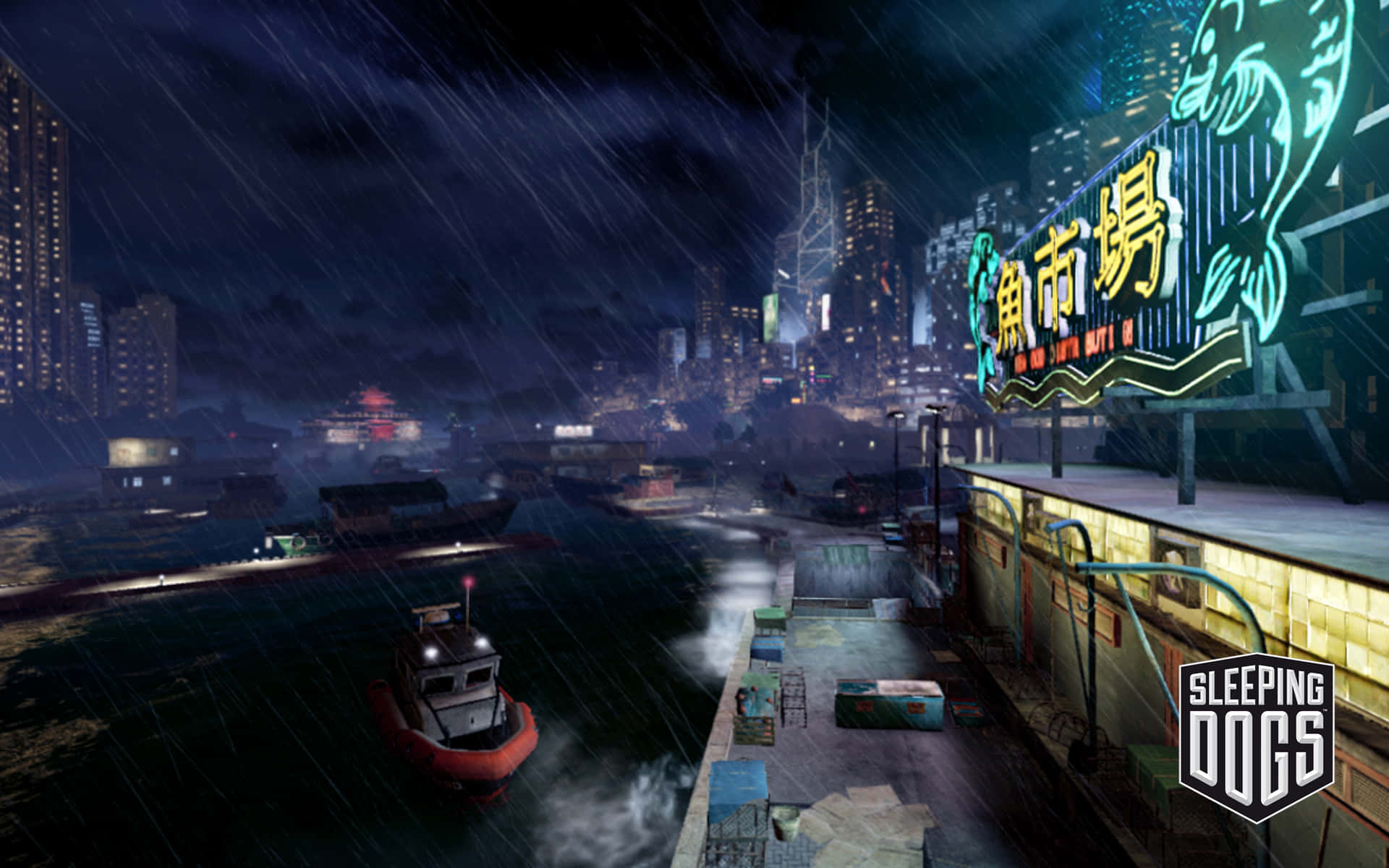 電玩遊戲 桌布 壁紙 — 雨水傾瀉在霓虹燈照亮的海濱碼頭，夜晚中船隻和高聳的城市建築在潮濕的天空下閃耀。