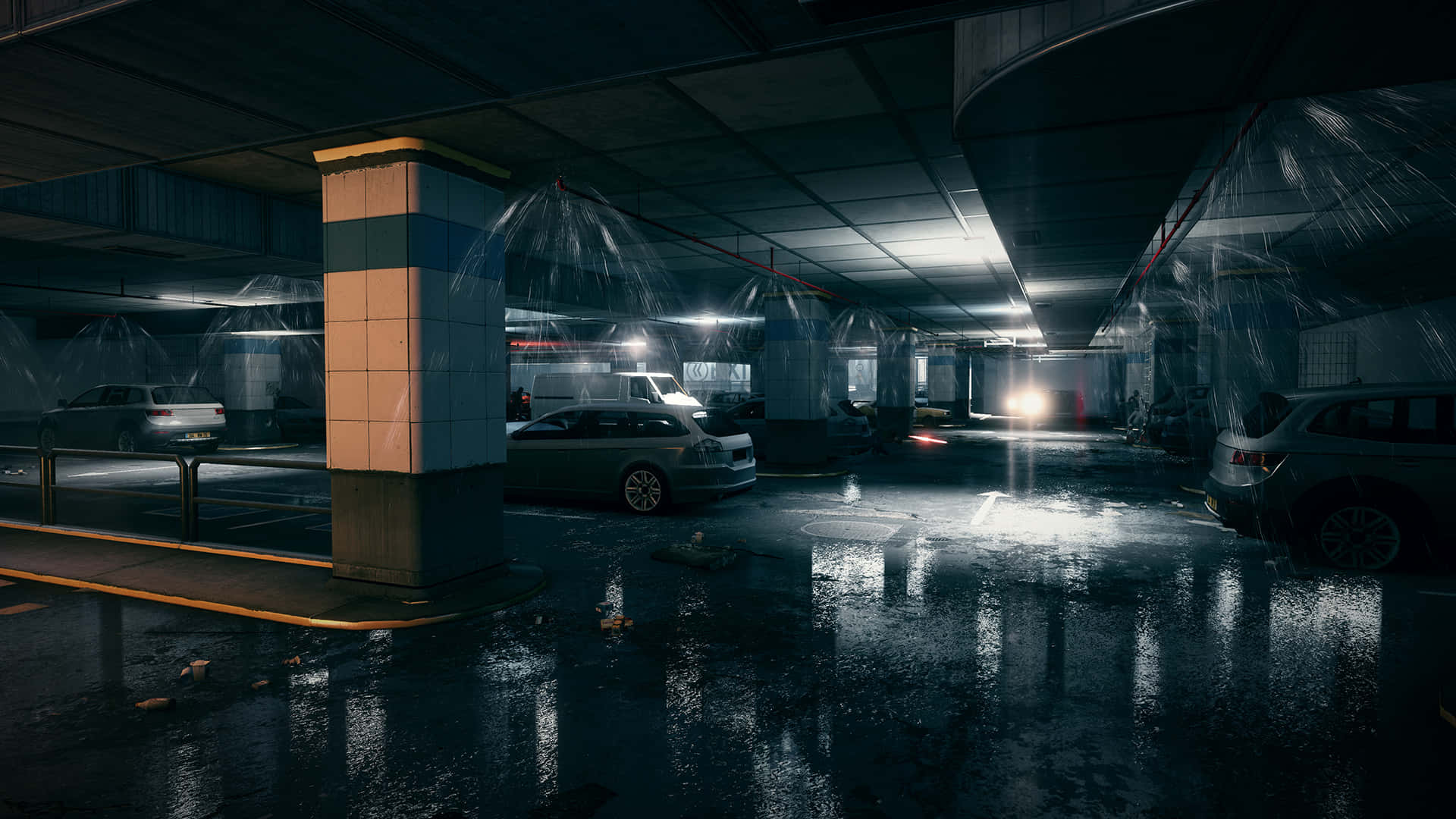 Battlefield 3 桌布 壁紙 — 雨水從裂開的天花板傾瀉而下，流入光線昏暗的地下停車場，映照出濕漉漉的汽車和閃爍的燈光。