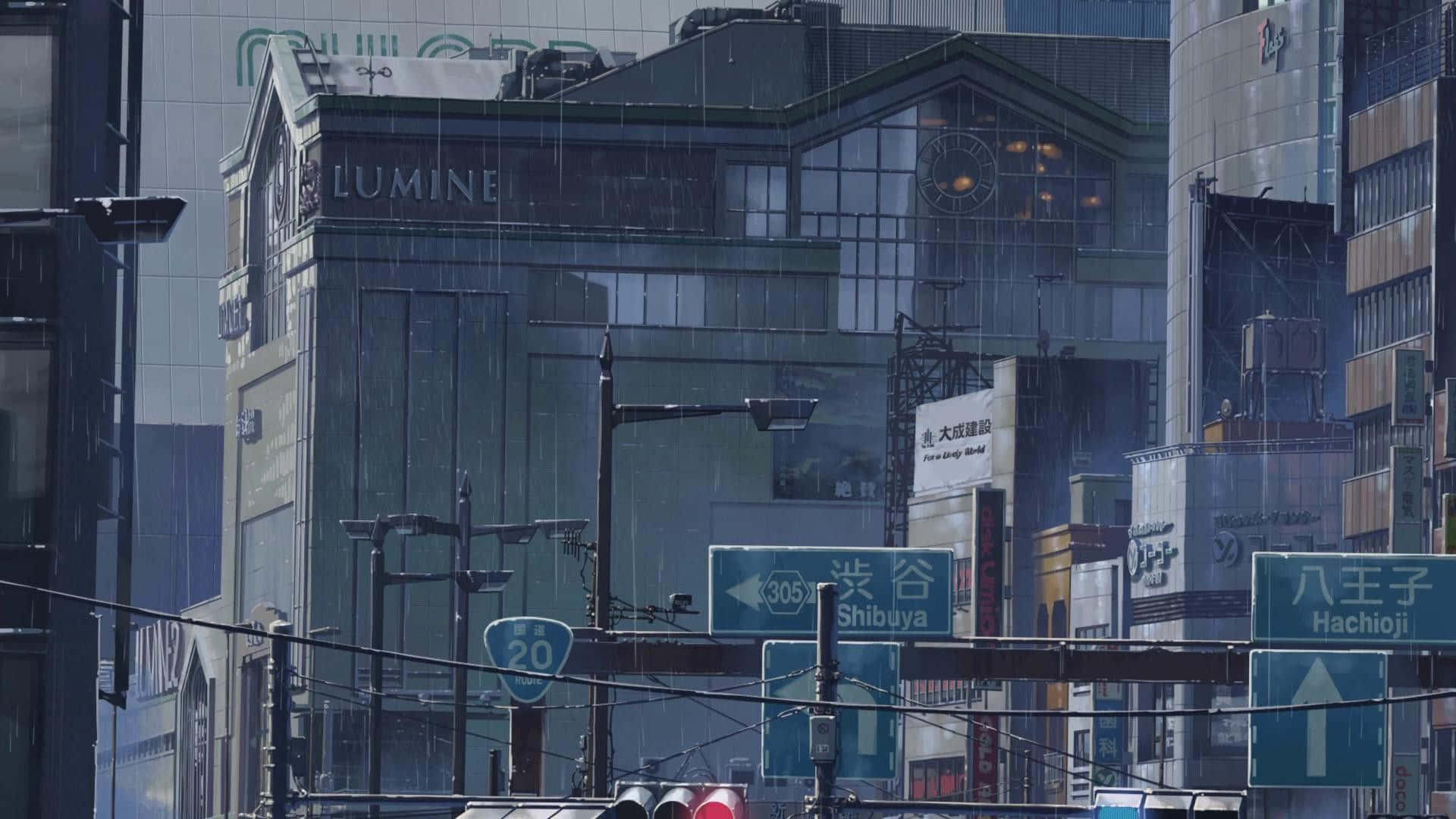 Rain Anime 桌布 壁紙 — 雨水沿著東京澀谷的玻璃般城市街道流下，發光的招牌和高聳的建築物在陰天之下。