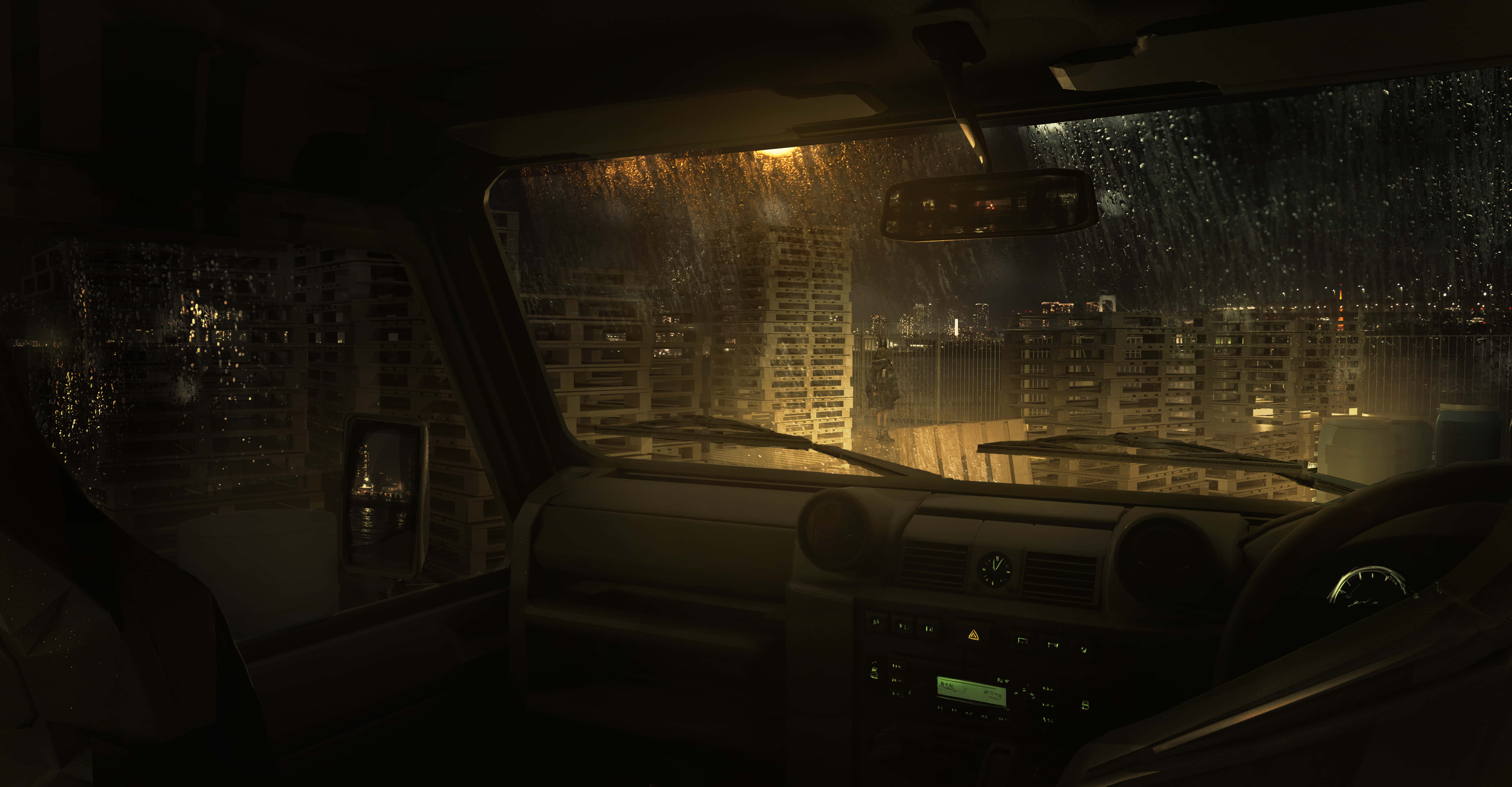 Rain Desktop 桌布 壁紙 — 雨水沿著汽車擋風玻璃流下，車頭燈照亮了夜晚濕漉漉的城市景觀和發光的建築物。