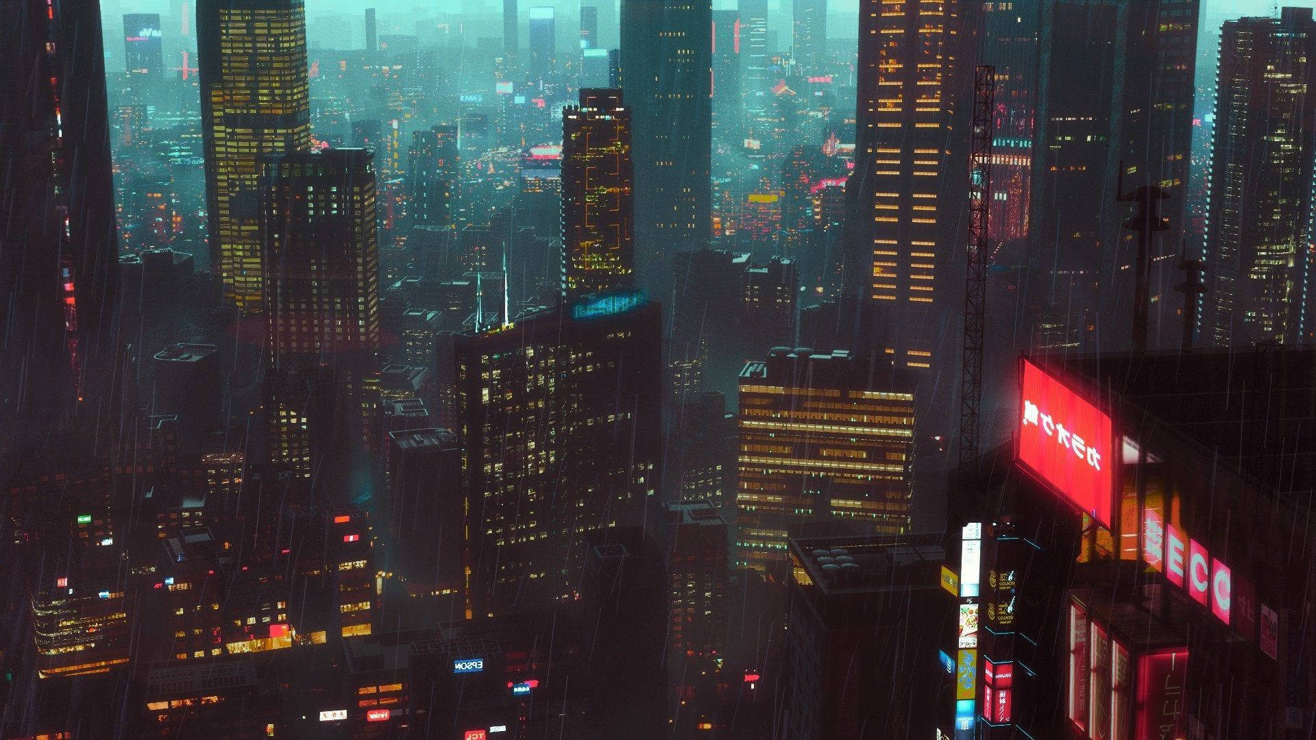 電馭叛客2077 桌布 壁紙 — 雨水沿著霓虹燈照亮的城市夜景流下，高聳的摩天大樓在霧濛濛的灰色天空中閃爍著琥珀色和紅色。