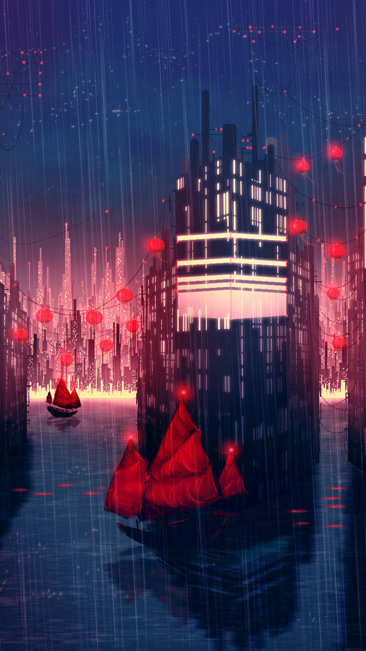 Smartphone 桌布 壁紙 — 雨水沿著霓虹燈照亮的未來城市景觀傾瀉而下，發光的紅色燈籠漂浮在反光水面上的發光船隻上方。