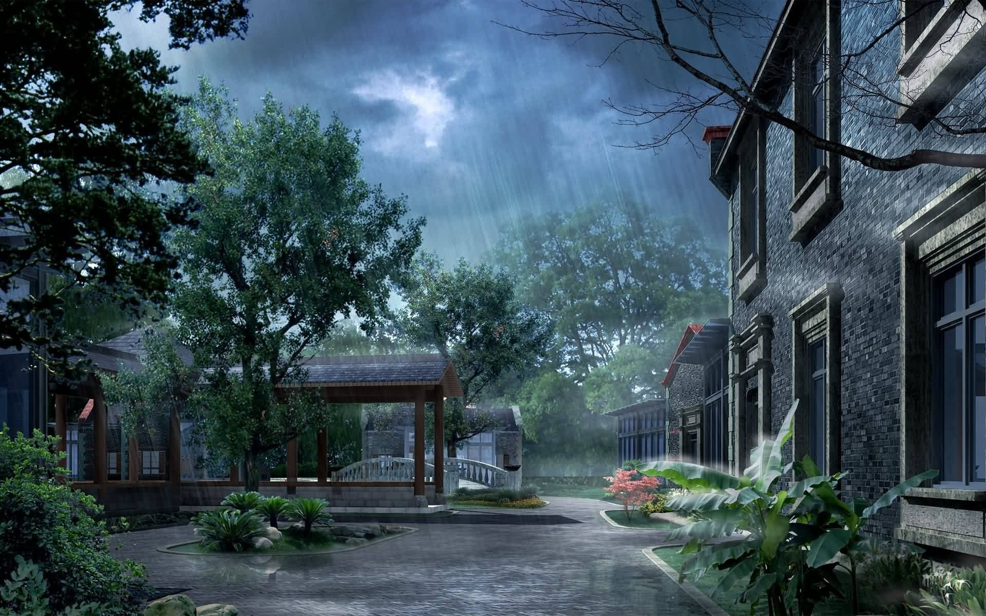Weather 桌布 壁紙 — 雨水穿過暴風雲層傾瀉到一個寧靜的庭院，庭院內有石頭建築和茂密的綠色植物。