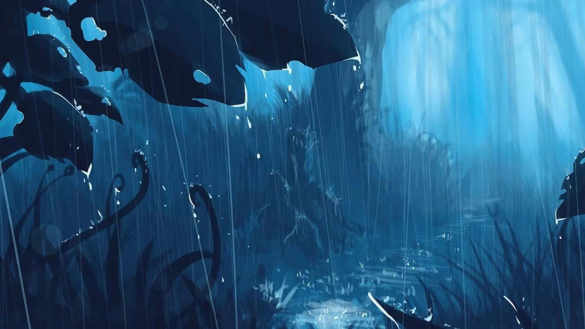 動漫 桌布 壁紙 — 雨水穿過深藍色叢林樹冠傾瀉而下，發光的光線透過樹葉過濾。