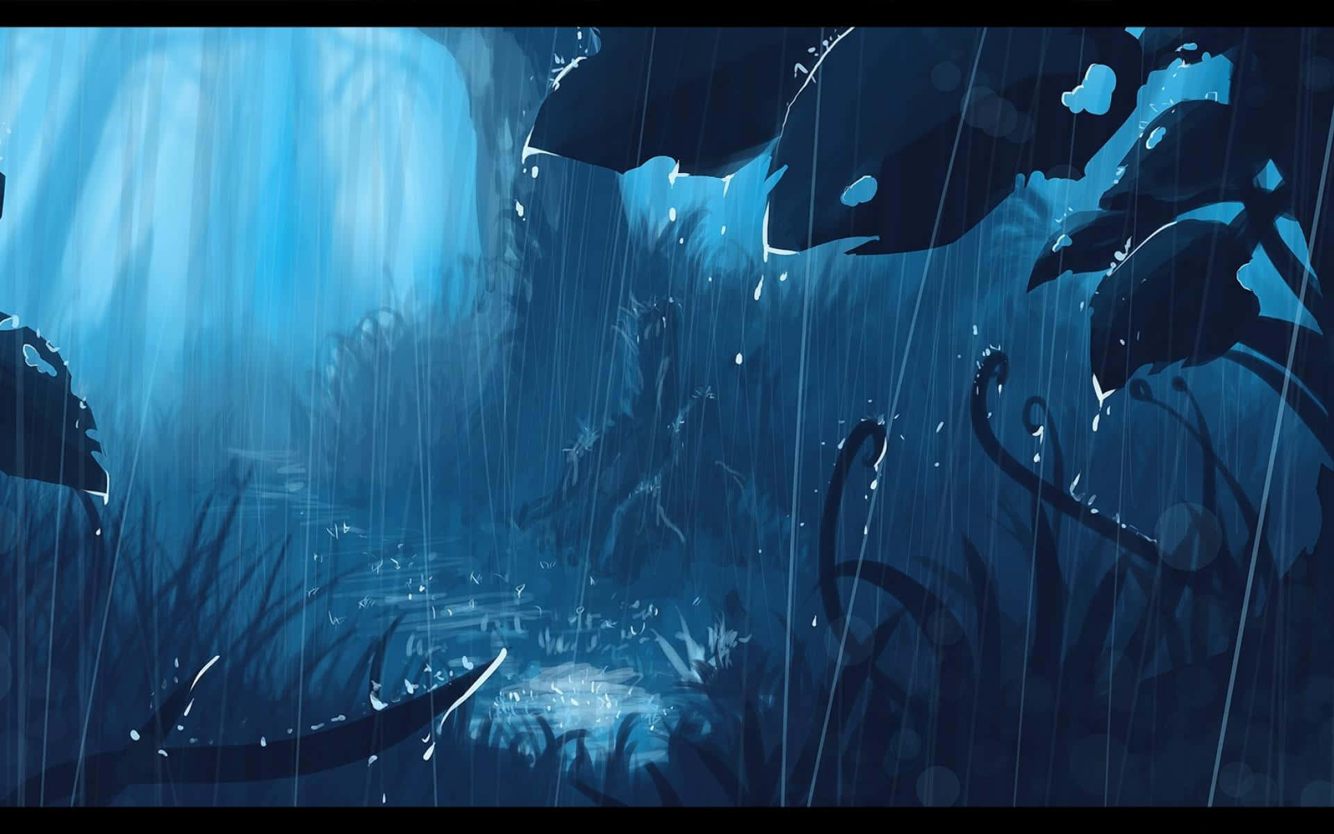 Anime Forest 桌布 壁紙 — 雨水穿過茂密、藍色燈光照射的叢林樹冠傾瀉而下，帶有發光的水滴和陰暗的樹葉。