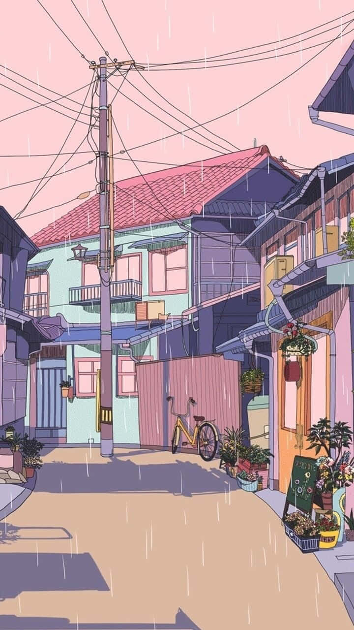 Lo Fi Aesthetic 桌布 壁紙 — 雨水輕輕落在粉彩色調的日本小巷，一輛黃色腳踏車停泊在木門旁邊。