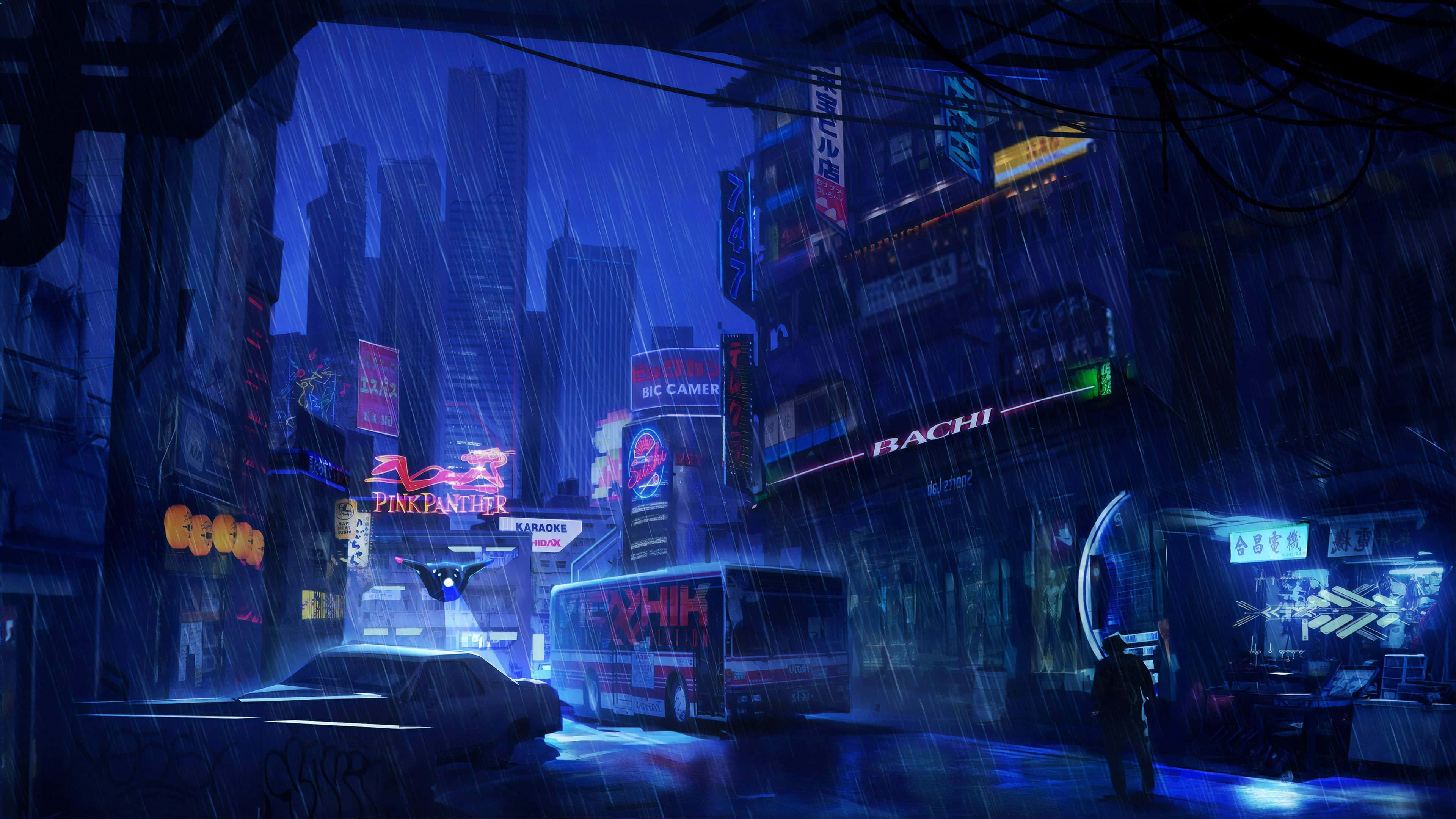 城市 桌布 壁紙 — 雨浸濕的霓虹燈 cyberpunk 街道夜景，發光招牌在濕漉漉的路面上反射，一個孤獨的身影在巴士下行走。