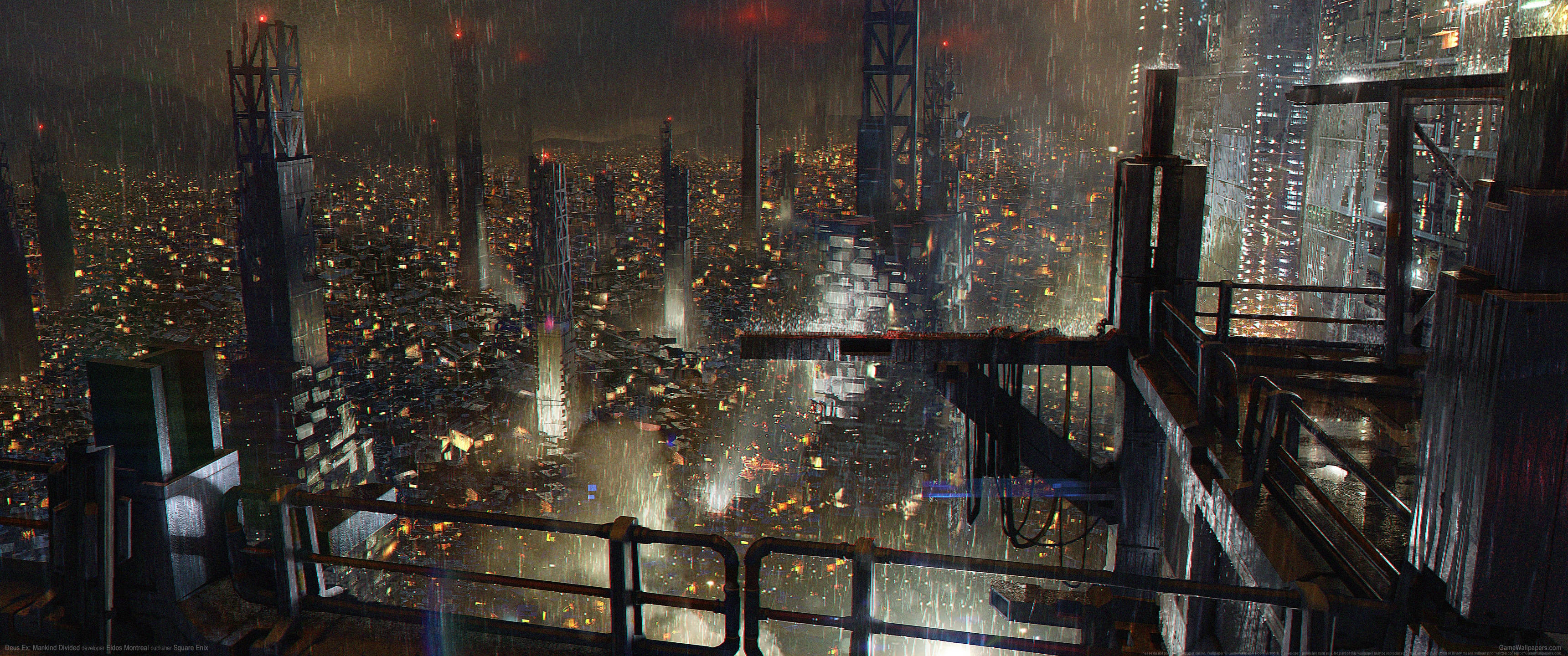 賽博龐克超寬 桌布 壁紙 — 雨浸的未來城市夜景，潮濕街道和摩天大樓上閃爍的霓虹燈光倒影。