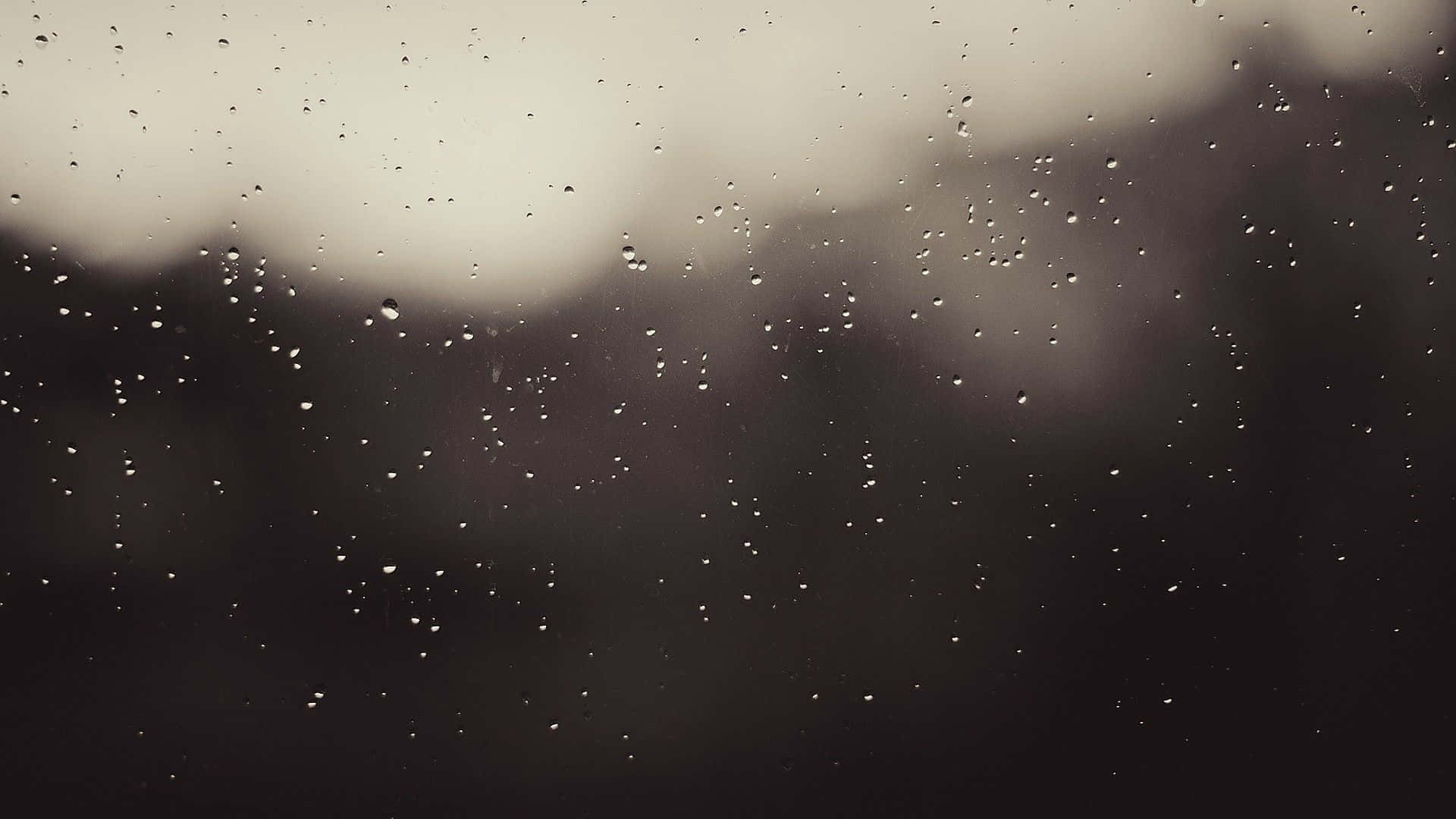灰色美學動圖 桌布 壁紙 — 雨滴依附在玻璃表面，將柔和的戶外場景模糊成柔和的灰色調。